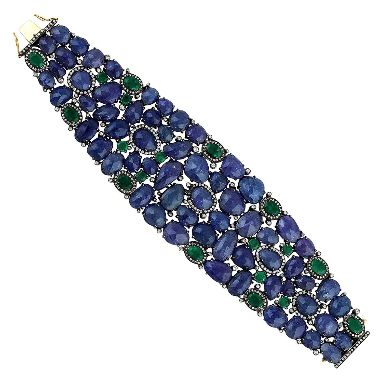 Tanzanite Emerald Diamond Statement Cuff For Sale