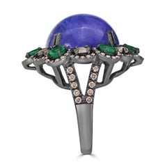 Tanzanite, Emerald Victorian Floral Ring with Diamond In 18K/925 White Gold