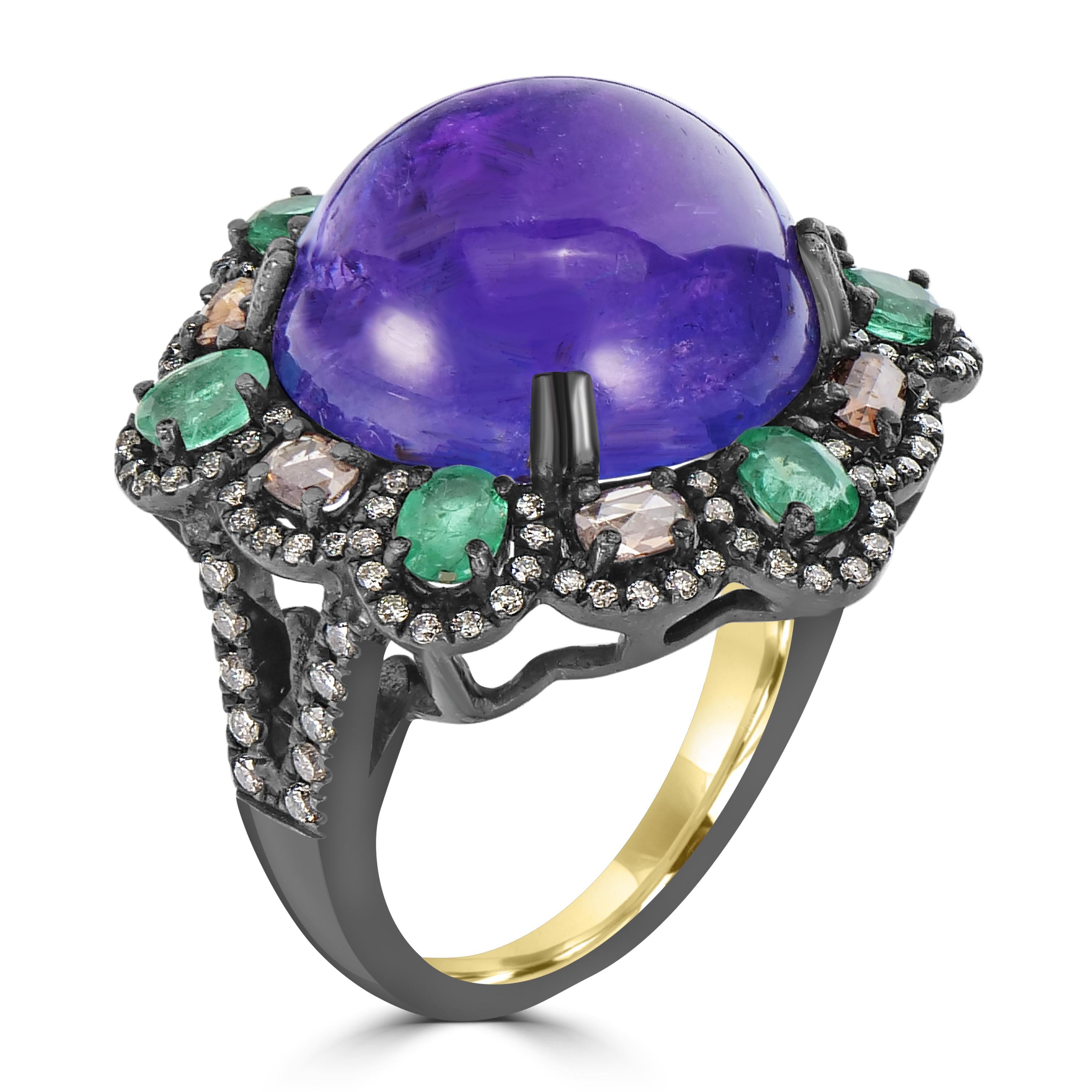 Cabochon  Tanzanite, Emerald Victorian Floral Ring with Diamond In 18K/925 White Gold  For Sale