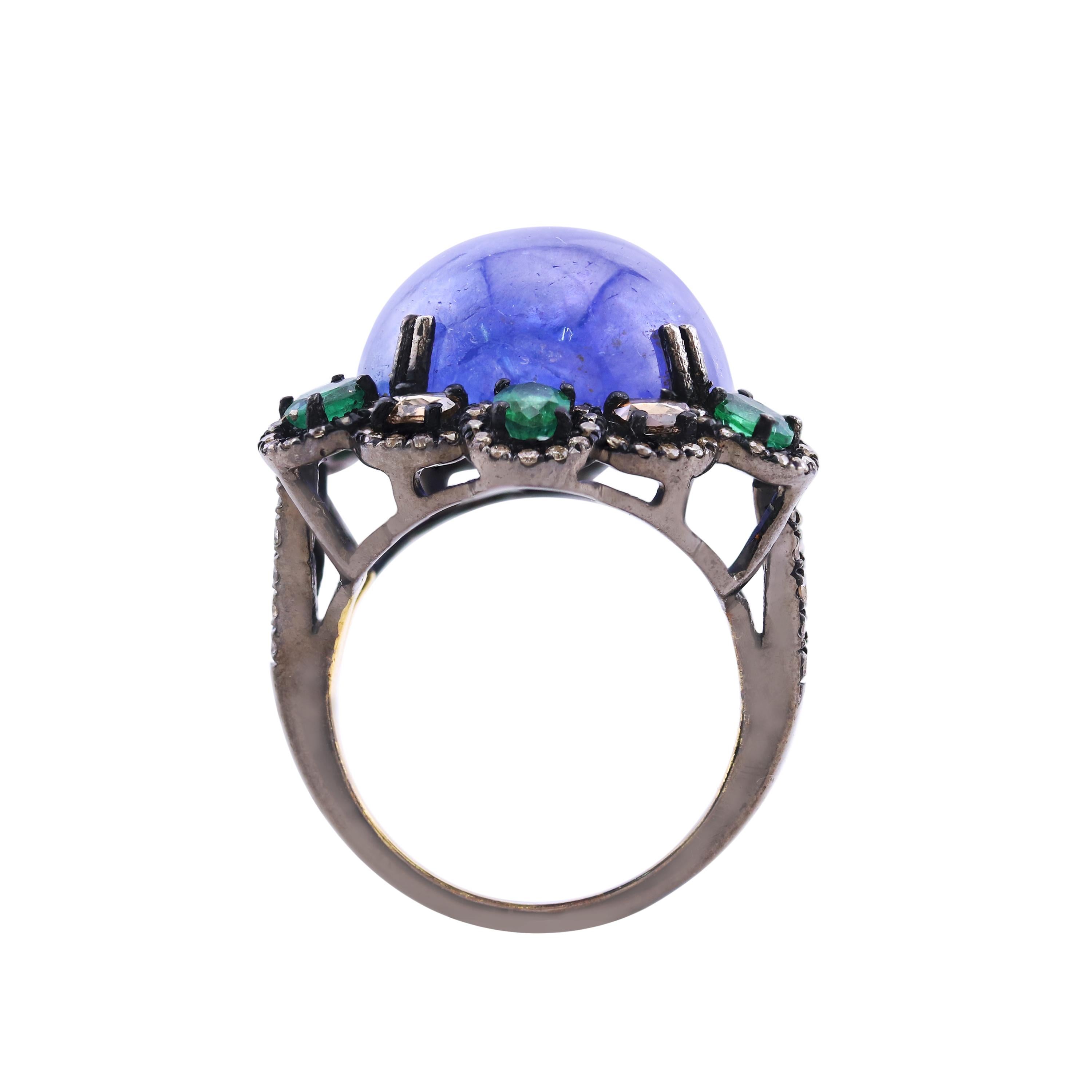  Tansanit, Smaragd, viktorianischer geblümter viktorianischer Ring mit Diamant in 18K/925 Weißgold  (Cabochon) im Angebot