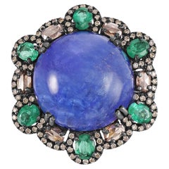  Tanzanite, Emerald Victorian Floral Ring with Diamond In 18K/925 White Gold 
