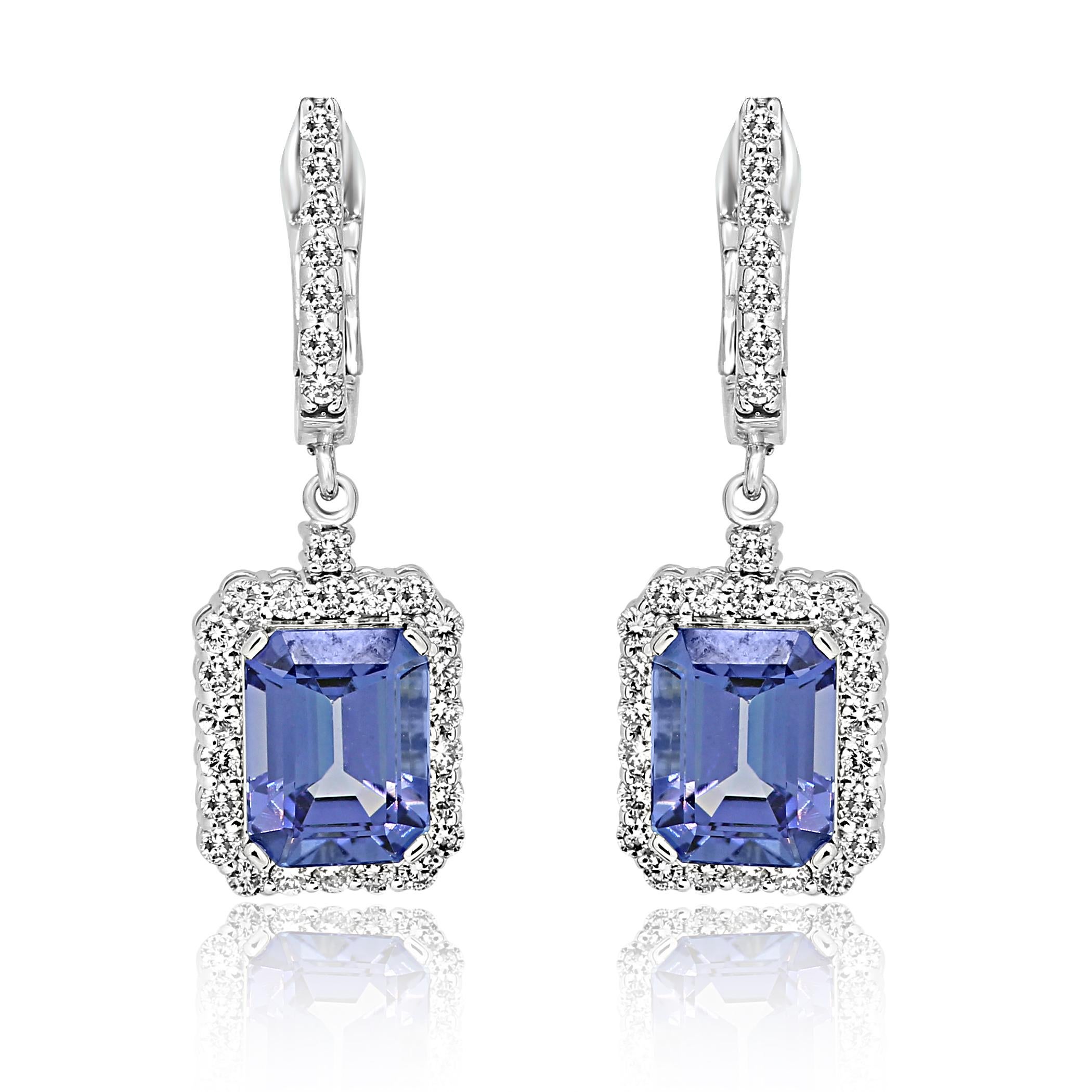 Modern Tanzanite Emerald White Diamond Round Halo Gold Drop Dangle Fashion Earring