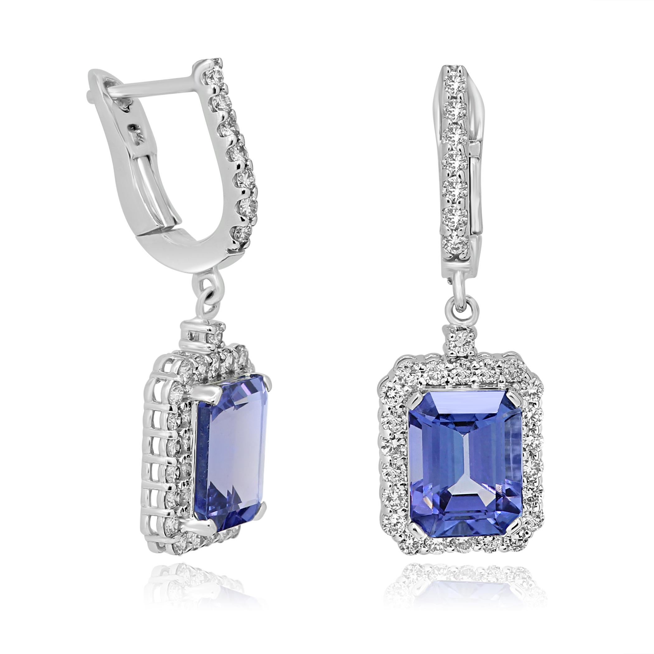 Emerald Cut Tanzanite Emerald White Diamond Round Halo Gold Drop Dangle Fashion Earring