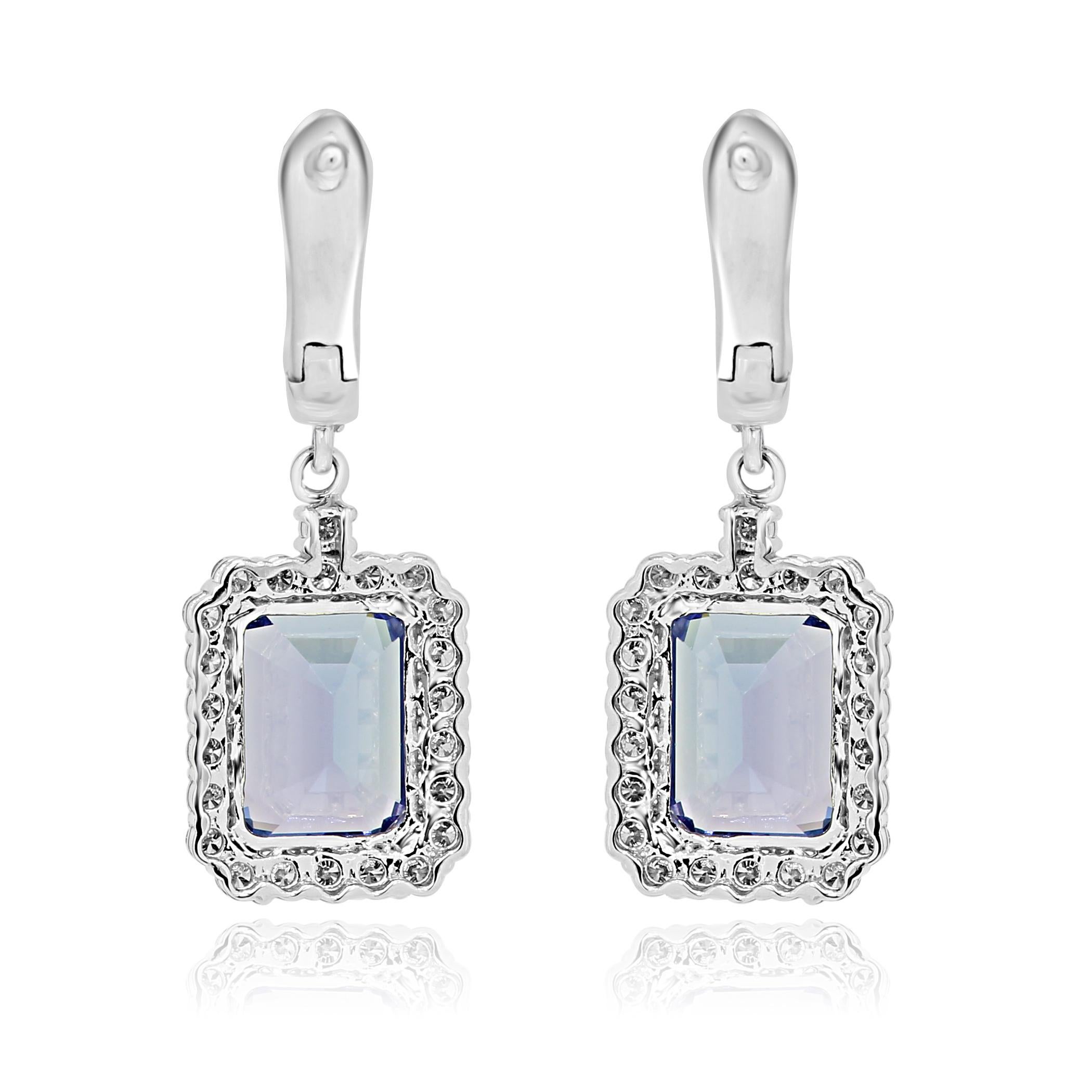 Tanzanite Emerald White Diamond Round Halo Gold Drop Dangle Fashion Earring In New Condition In NEW YORK, NY