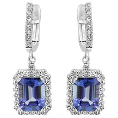 Tanzanite Emerald White Diamond Round Halo Gold Drop Dangle Fashion Earring