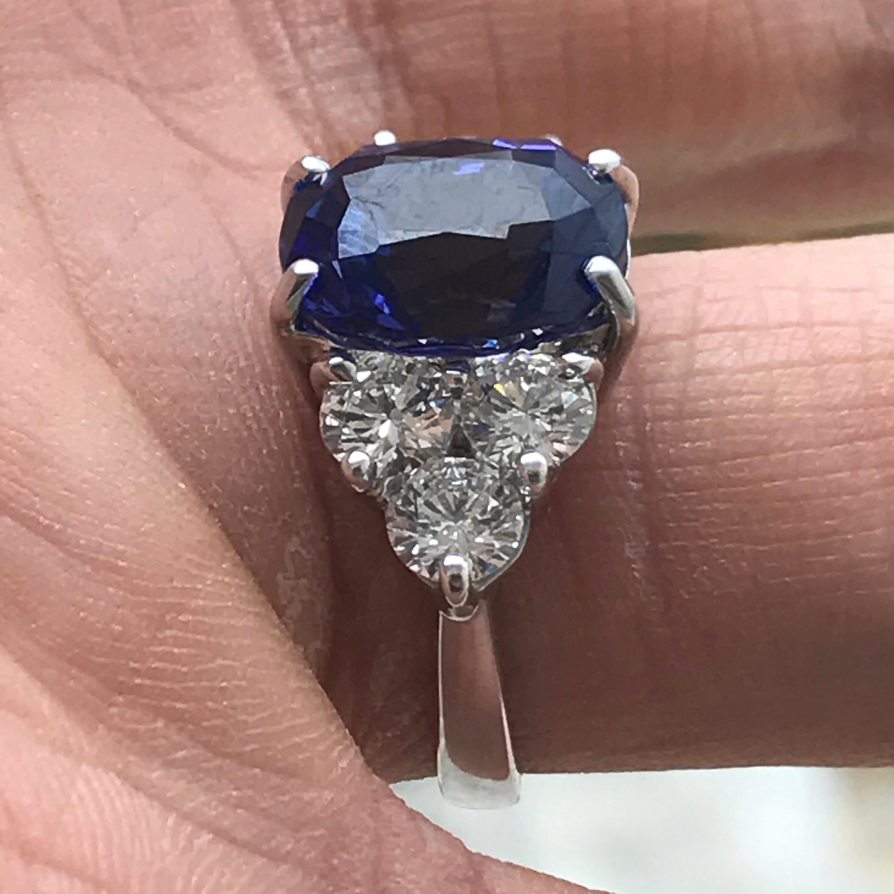 Oval Cut Tanzanite Engagement Ring 6.7 Carat TW, Oval Center Set in Platinum, Diamonds For Sale