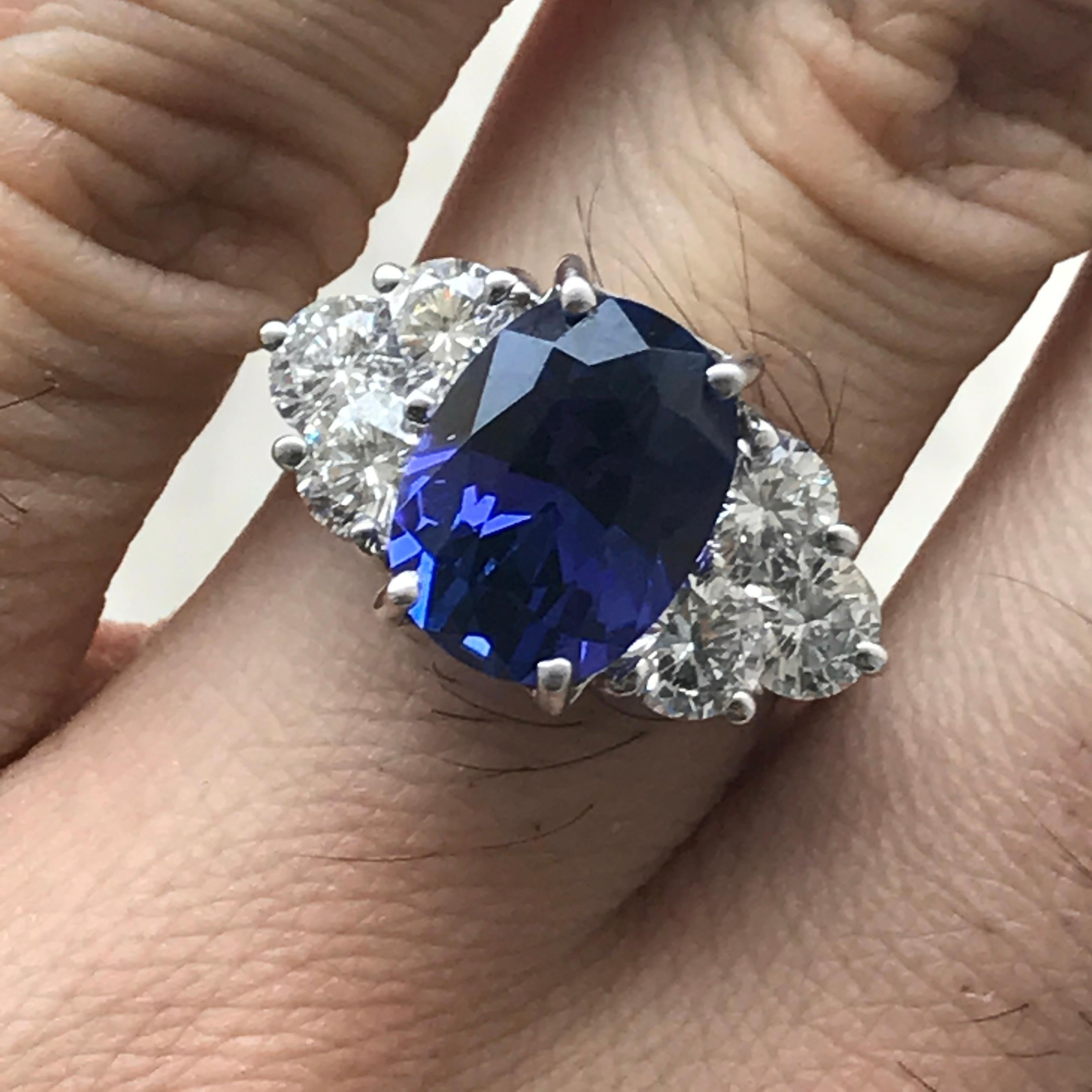 Tanzanite Engagement Ring 6.7 Carat TW, Oval Center Set in Platinum, Diamonds In New Condition For Sale In West Hollywood, CA