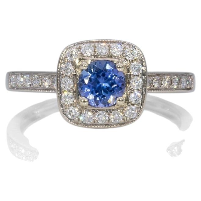 Tansanit-Estate-Ring mit natürlichen Diamanten als Akzente: Massives 14-karätiges Gold, rund, 5 mm