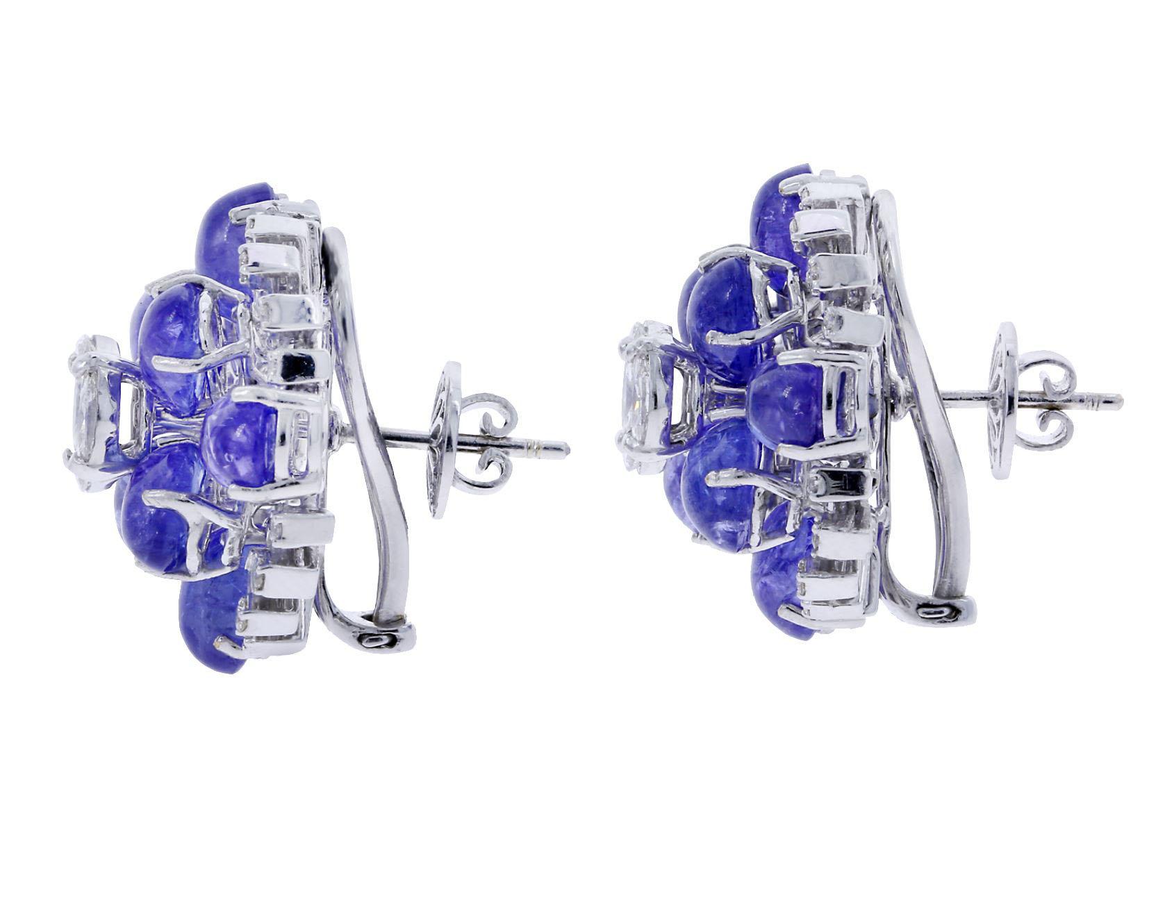 Women's or Men's Tanzanite Floral Earrings with Mixed Cut Diamonds