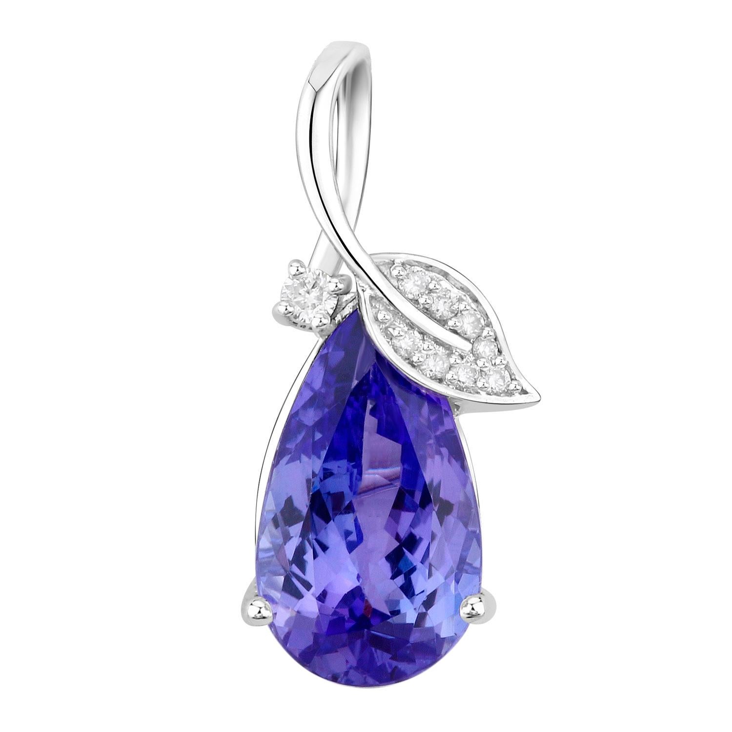 Pear Cut Tanzanite Flower Pendant Necklace With Diamonds 3.2 Carats Total 14K Gold For Sale