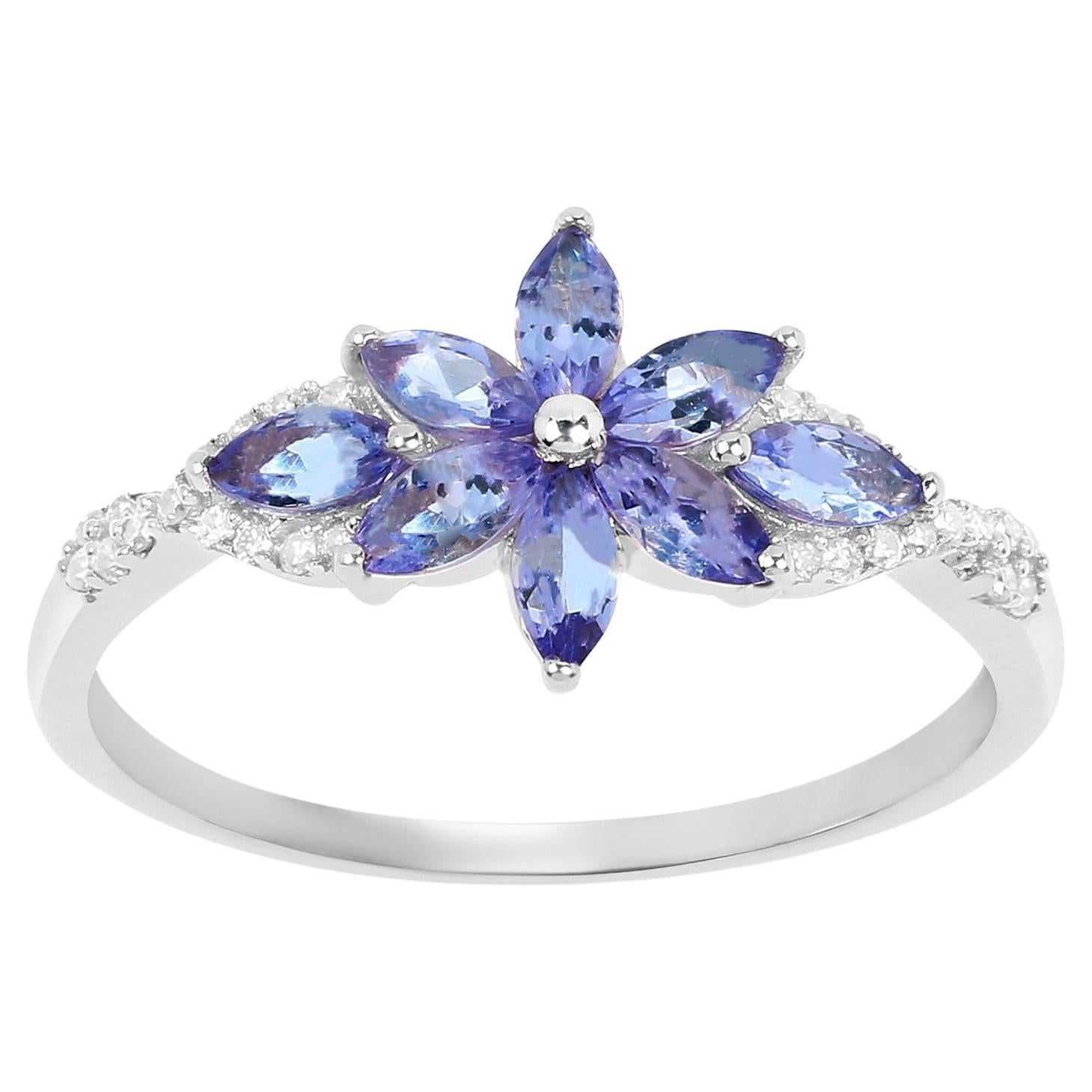 Tanzanite Flower Ring Diamond Setting 0.75 Carats 14K Gold For Sale