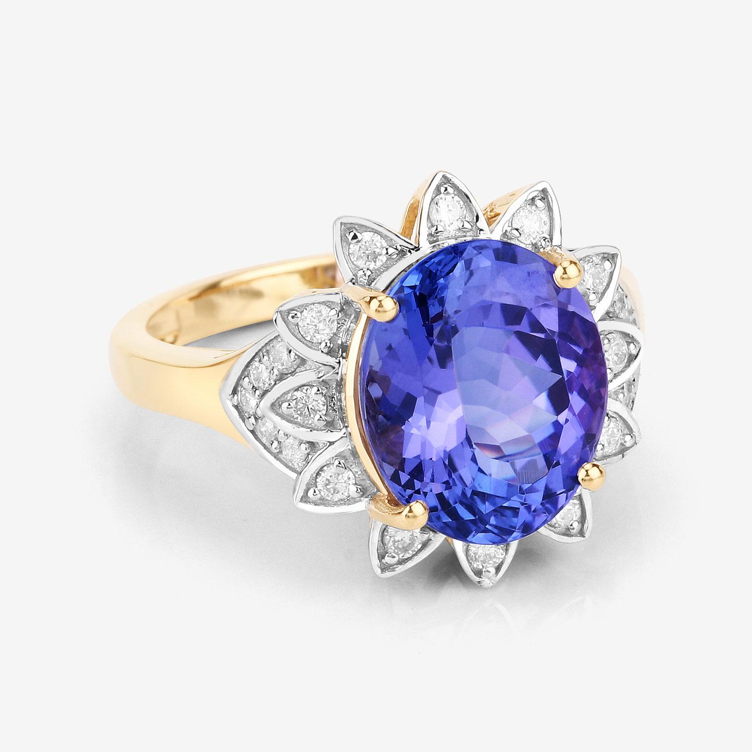 Contemporary Tanzanite Flower Ring With Diamonds 5.62 Carats 14K Yellow Gold For Sale