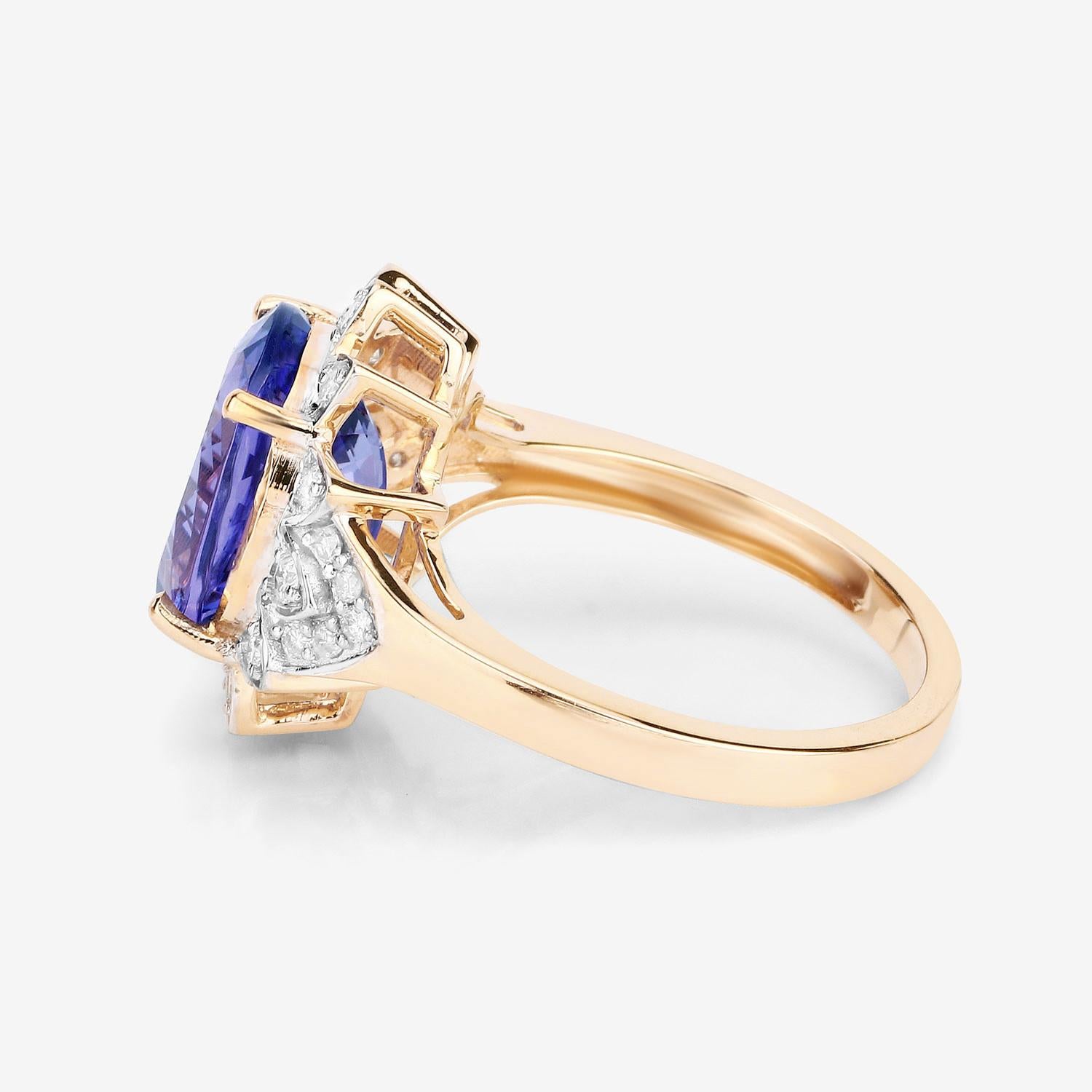 Oval Cut Tanzanite Flower Ring With Diamonds 5.62 Carats 14K Yellow Gold For Sale