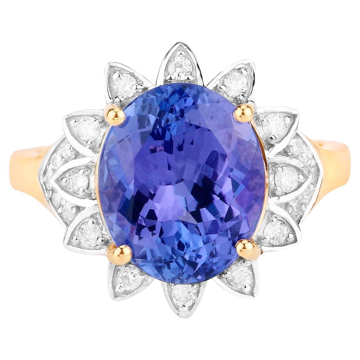 Anillo Flor Tanzanita Con Diamantes 5,62 Quilates Oro Amarillo 14K