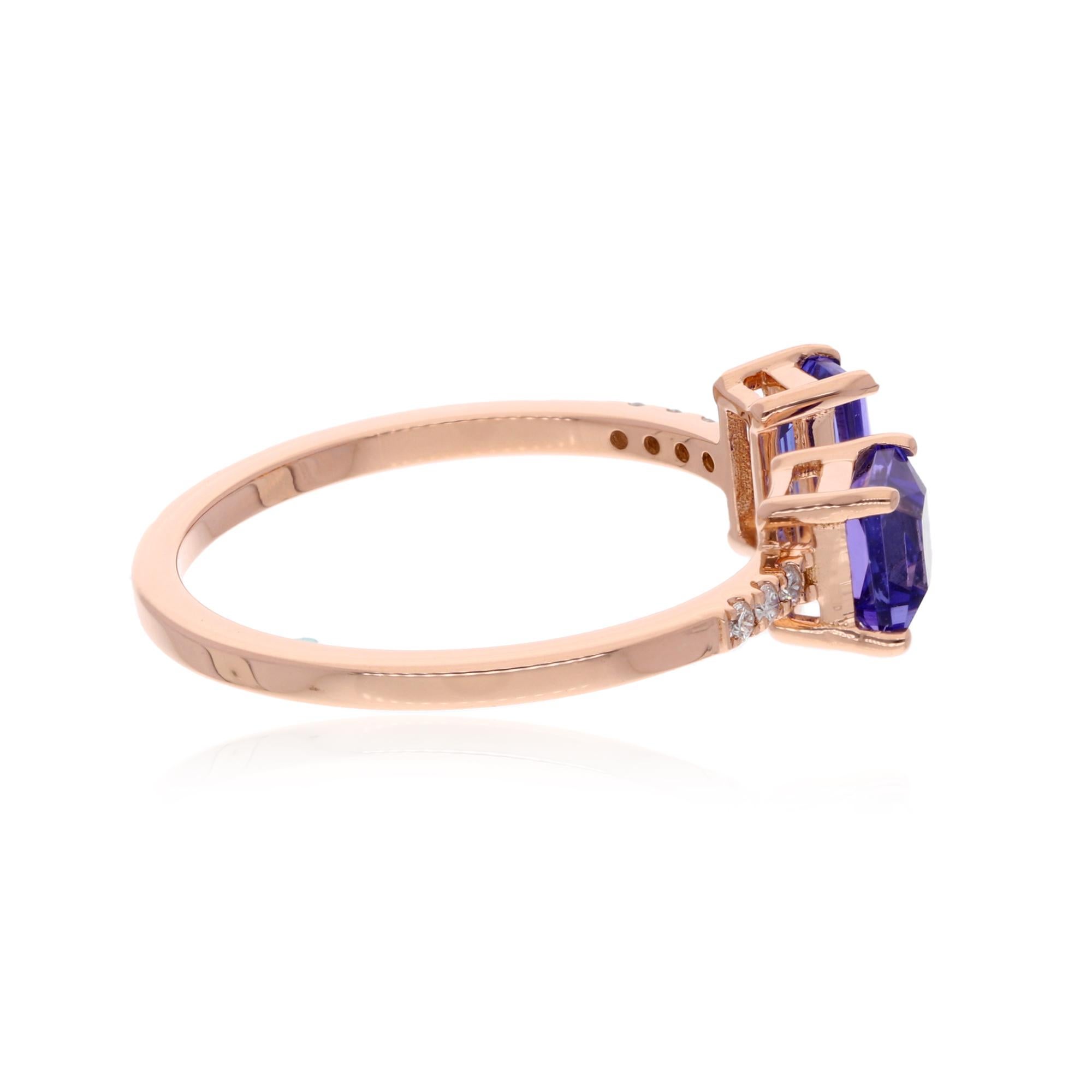 Emerald Cut Tanzanite Gemstone Cuff Ring Diamond Pave 18 Karat Rose Gold Handmade Jewelry For Sale