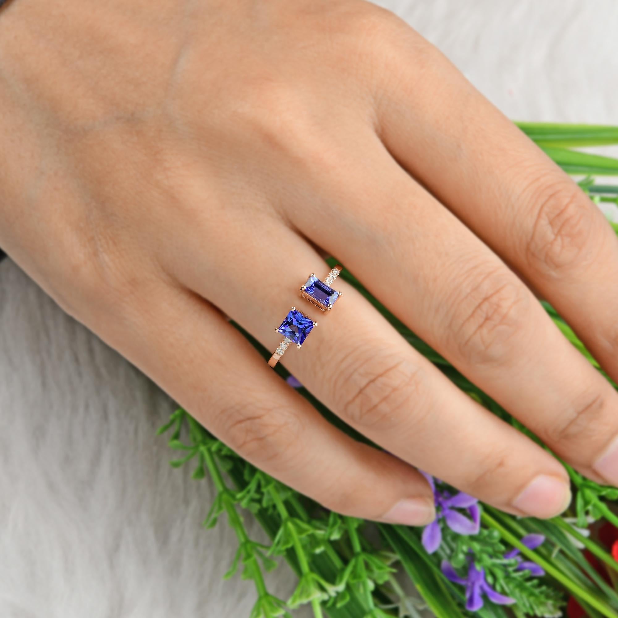 Women's Tanzanite Gemstone Cuff Ring Diamond Pave 18 Karat Rose Gold Handmade Jewelry For Sale