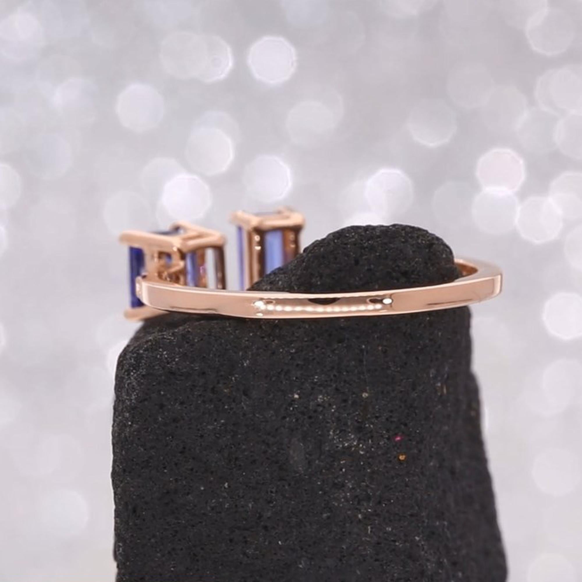 Tanzanite Gemstone Cuff Ring Diamond Pave 18 Karat Rose Gold Handmade Jewelry For Sale 2