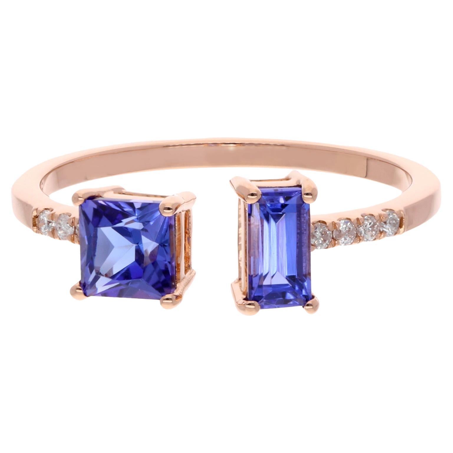 Tanzanite Gemstone Cuff Ring Diamond Pave 18 Karat Rose Gold Handmade Jewelry For Sale