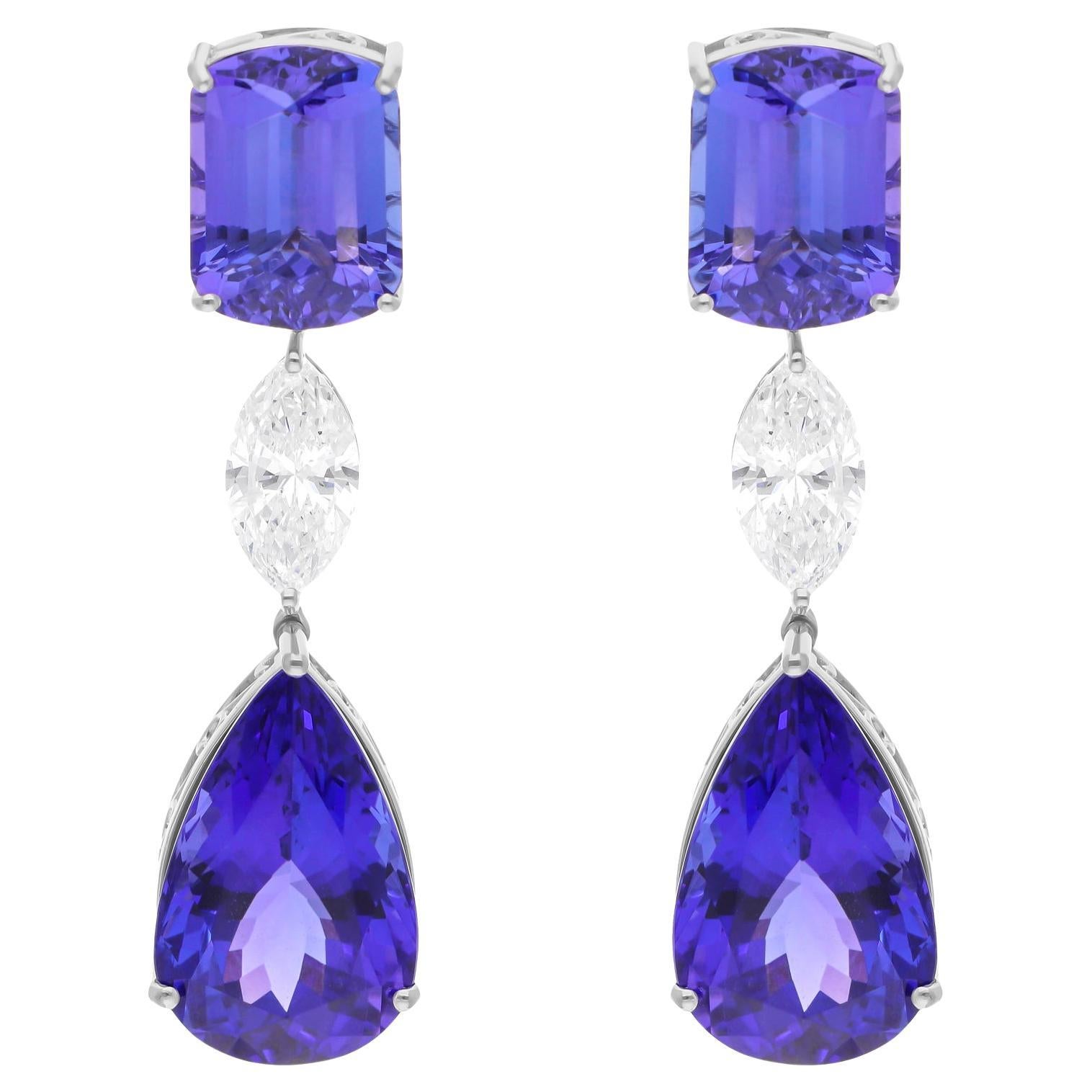 Pendientes colgantes de tanzanita SI/H Diamante marquesa Oro blanco 10 quilates