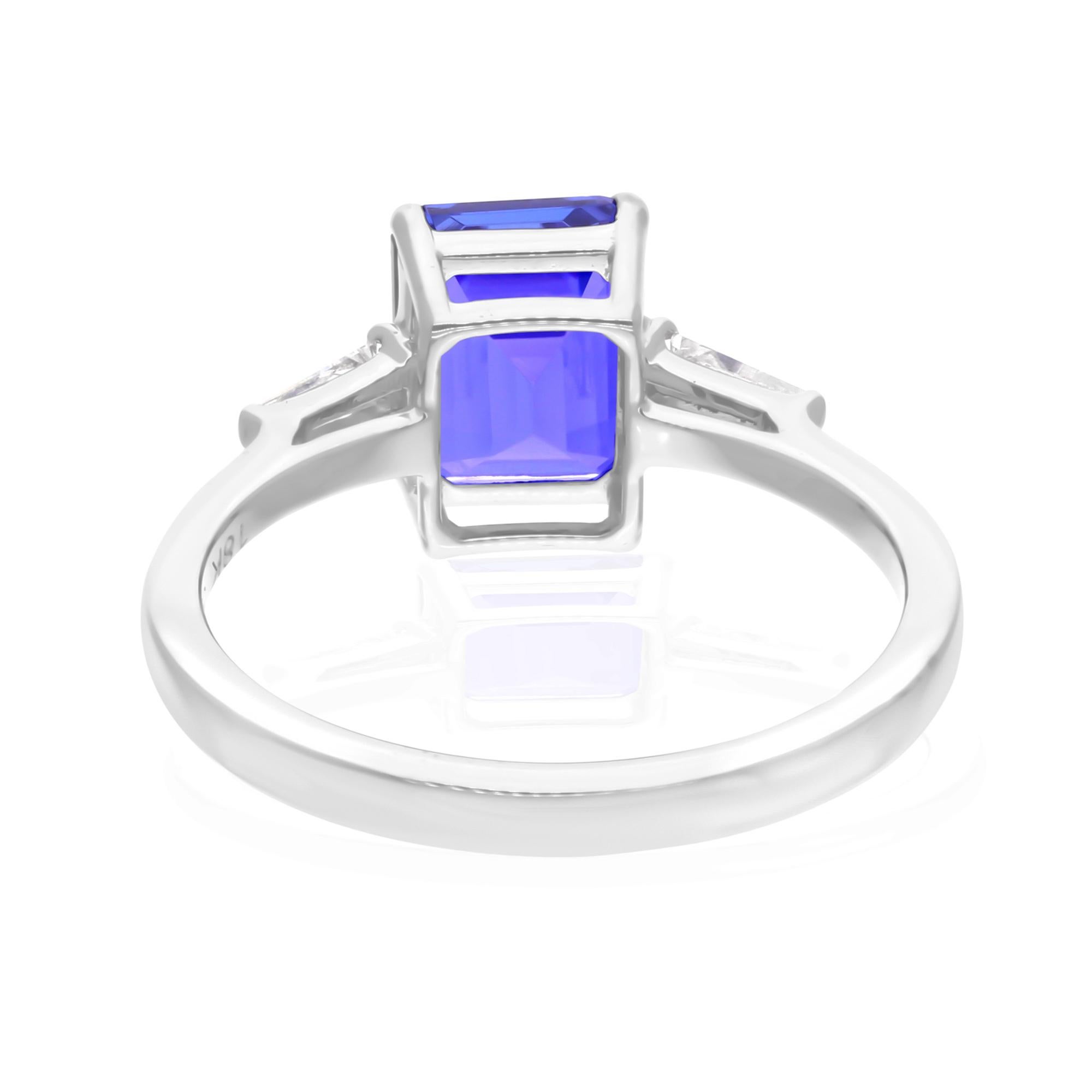 Modern Tanzanite Gemstone Ring Baguette Diamond 18 Karat White Gold Handmade Jewelry For Sale