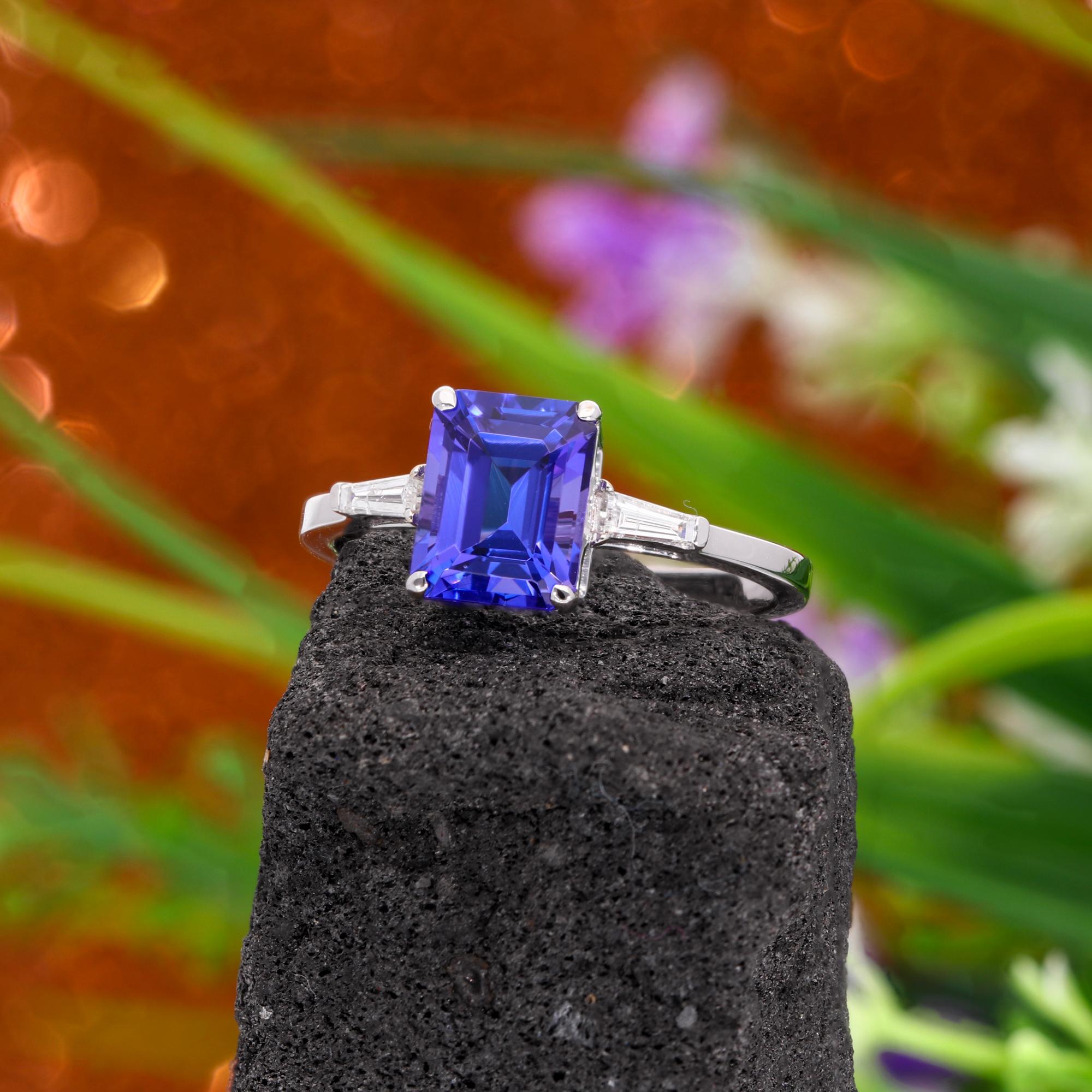 Baguette Cut Tanzanite Gemstone Ring Baguette Diamond 18 Karat White Gold Handmade Jewelry For Sale