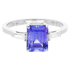 Tanzanite Gemstone Ring Baguette Diamond 18 Karat White Gold Handmade Jewelry