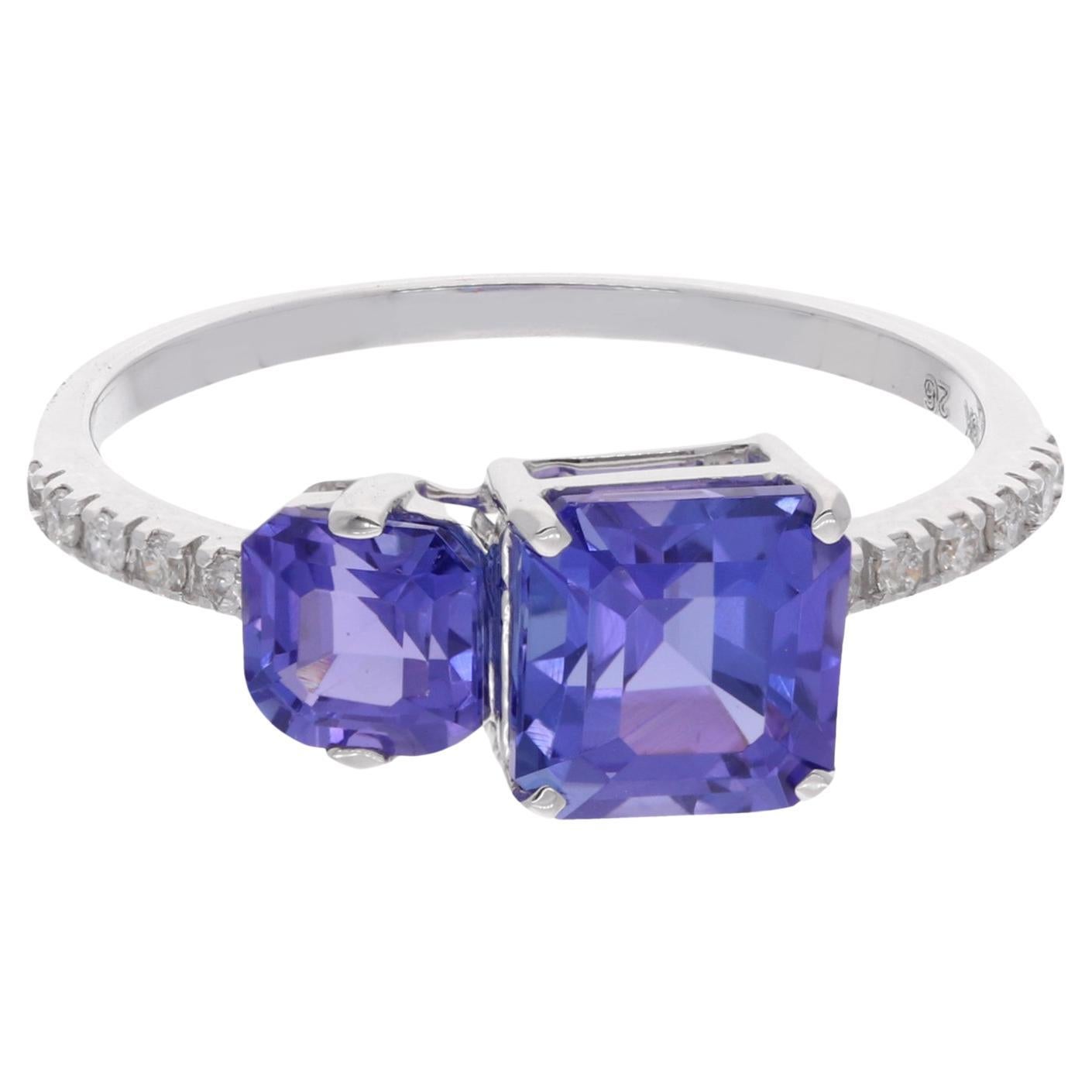 Tanzanite Gemstone Ring Diamond Pave 18 Karat White Gold Handmade Fine Jewelry