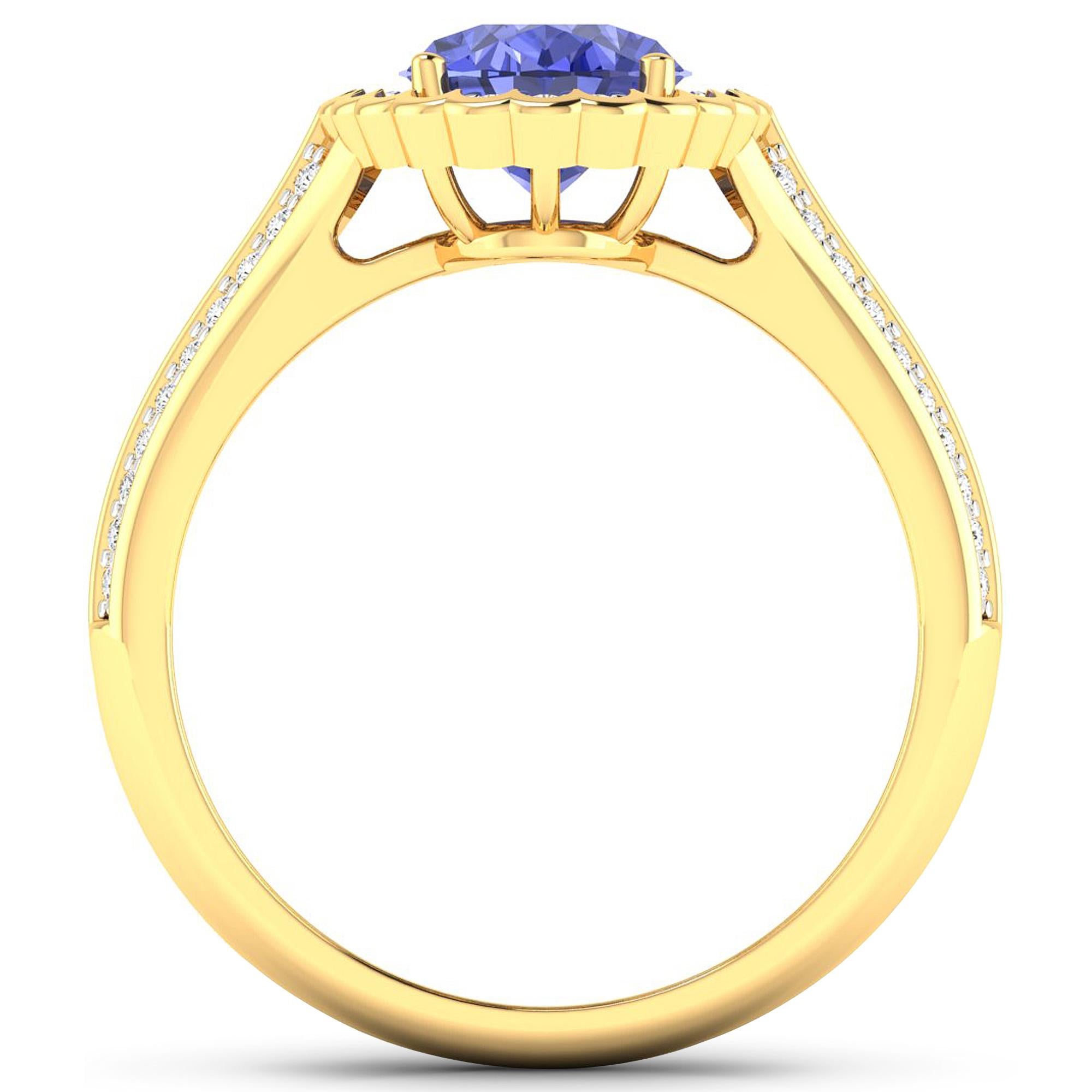 Tanzanite Gold Ring, 14Kt Gold Tanzanite & Diamond Engagement Ring, 2.02ctw.

Flaunt yourself with this 14K Yellow Gold Tanzanite & White Diamond Engagement Ring. The setting is inlaid with 62 accented full-cut White Diamond round stones for a total