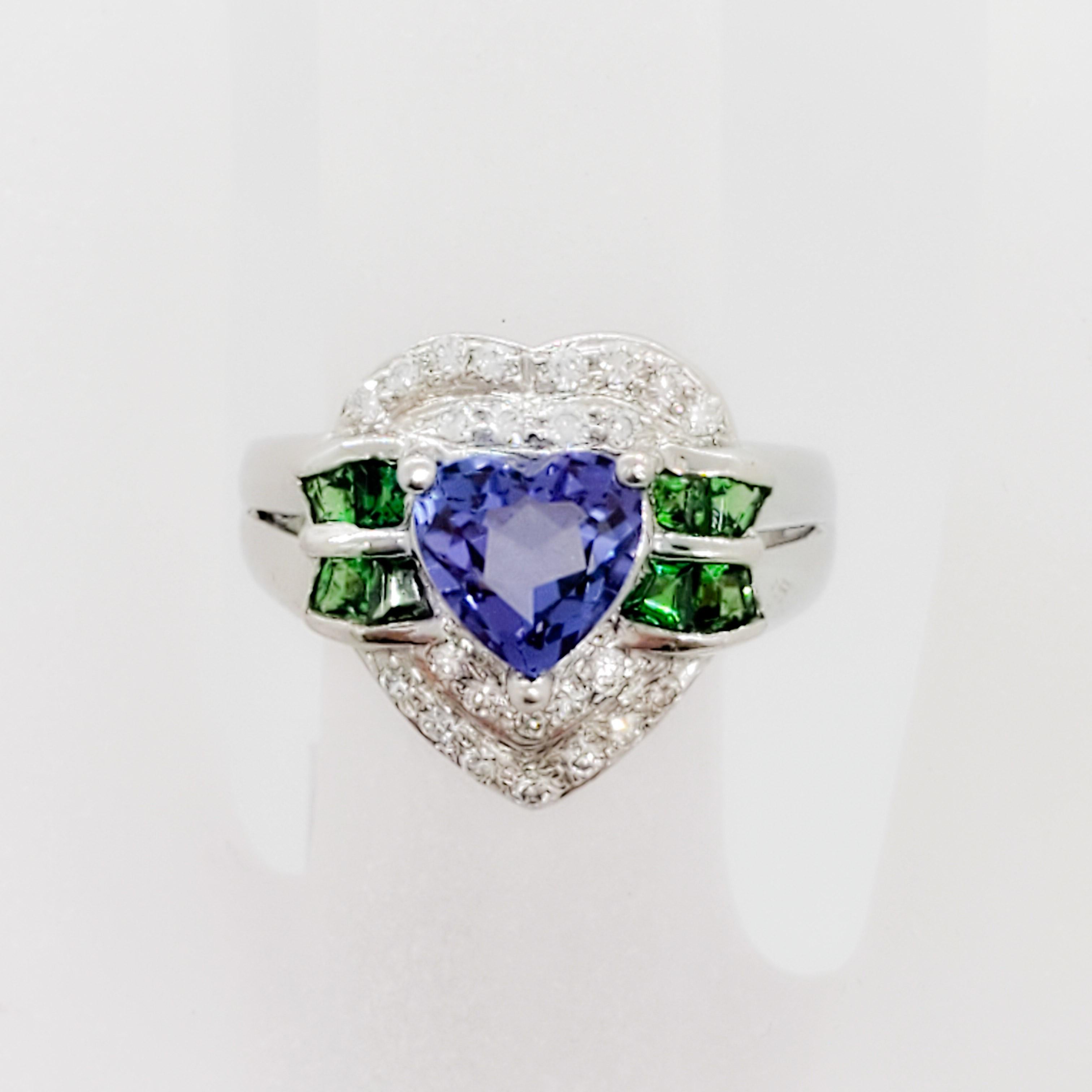 Heart Cut Tanzanite Heart, Green Garnet Square, and White Diamond Round Ring in Platinum