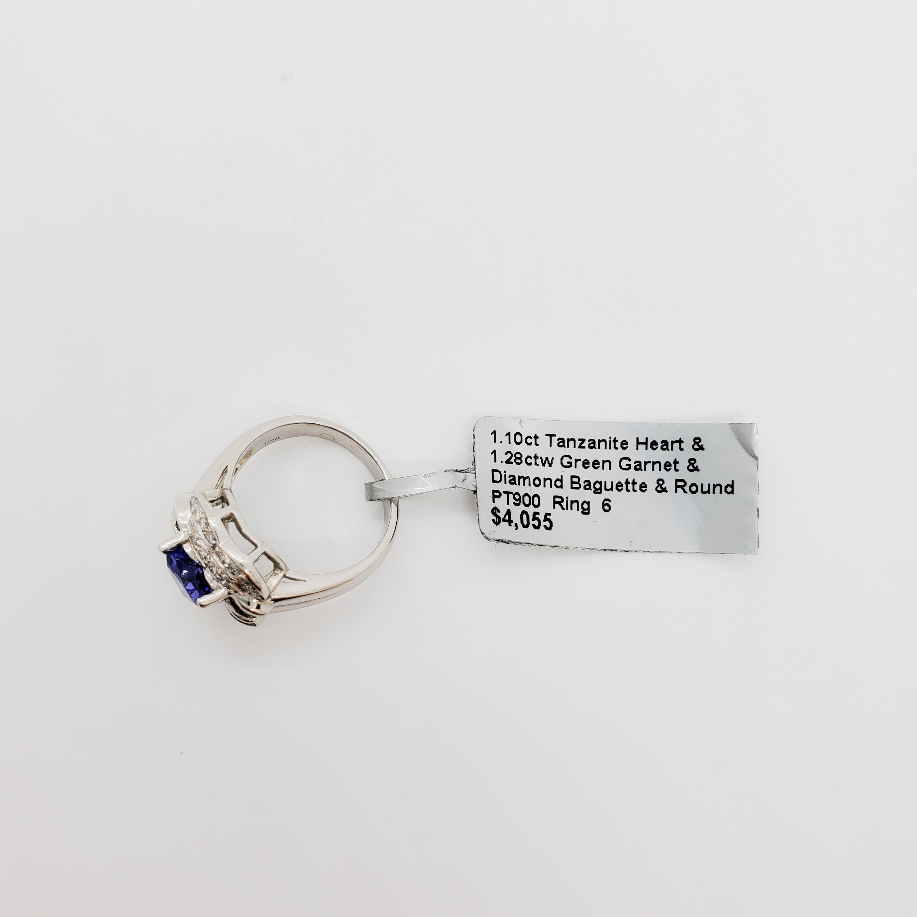 Women's or Men's Tanzanite Heart, Green Garnet Square, and White Diamond Round Ring in Platinum