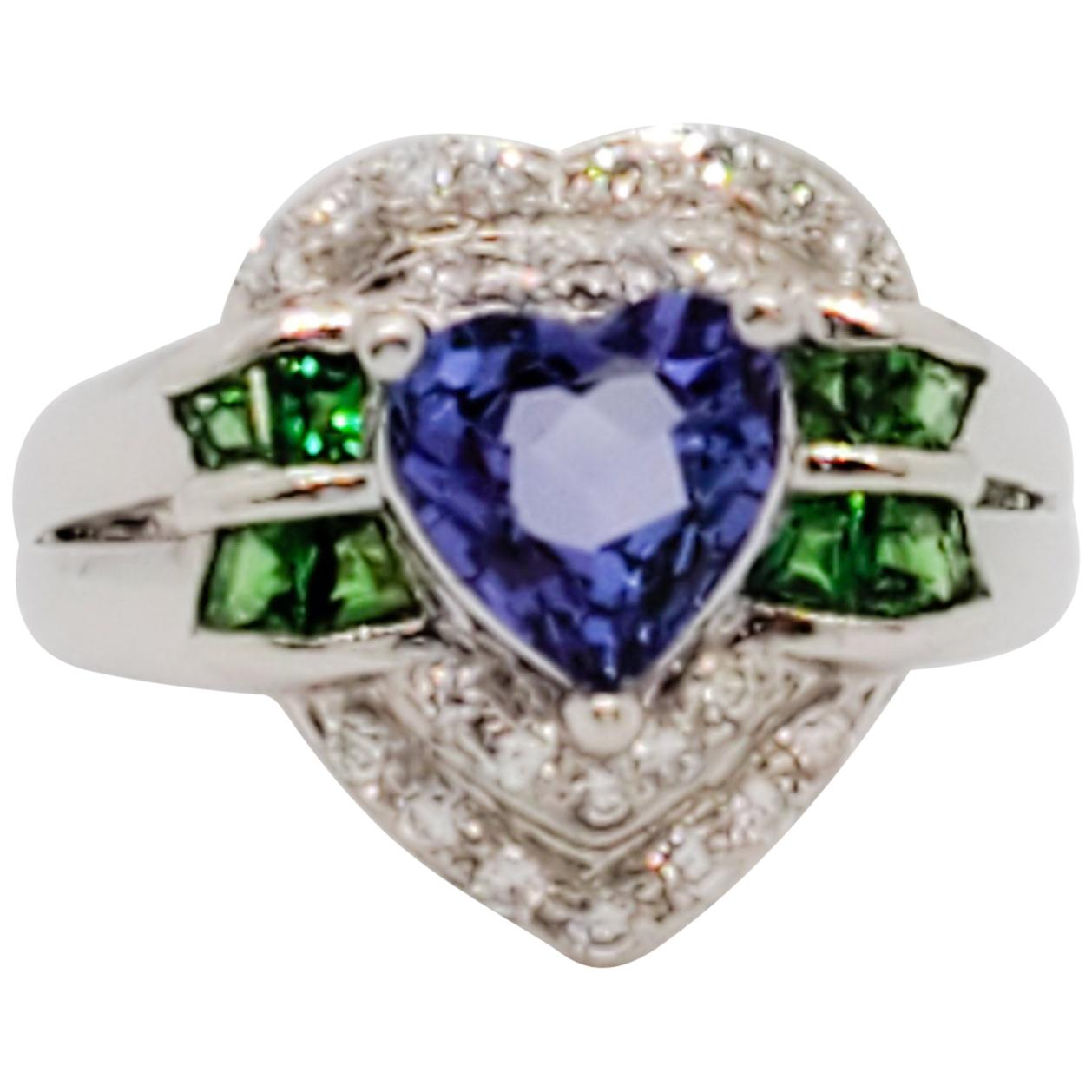 Tanzanite Heart, Green Garnet Square, and White Diamond Round Ring in Platinum