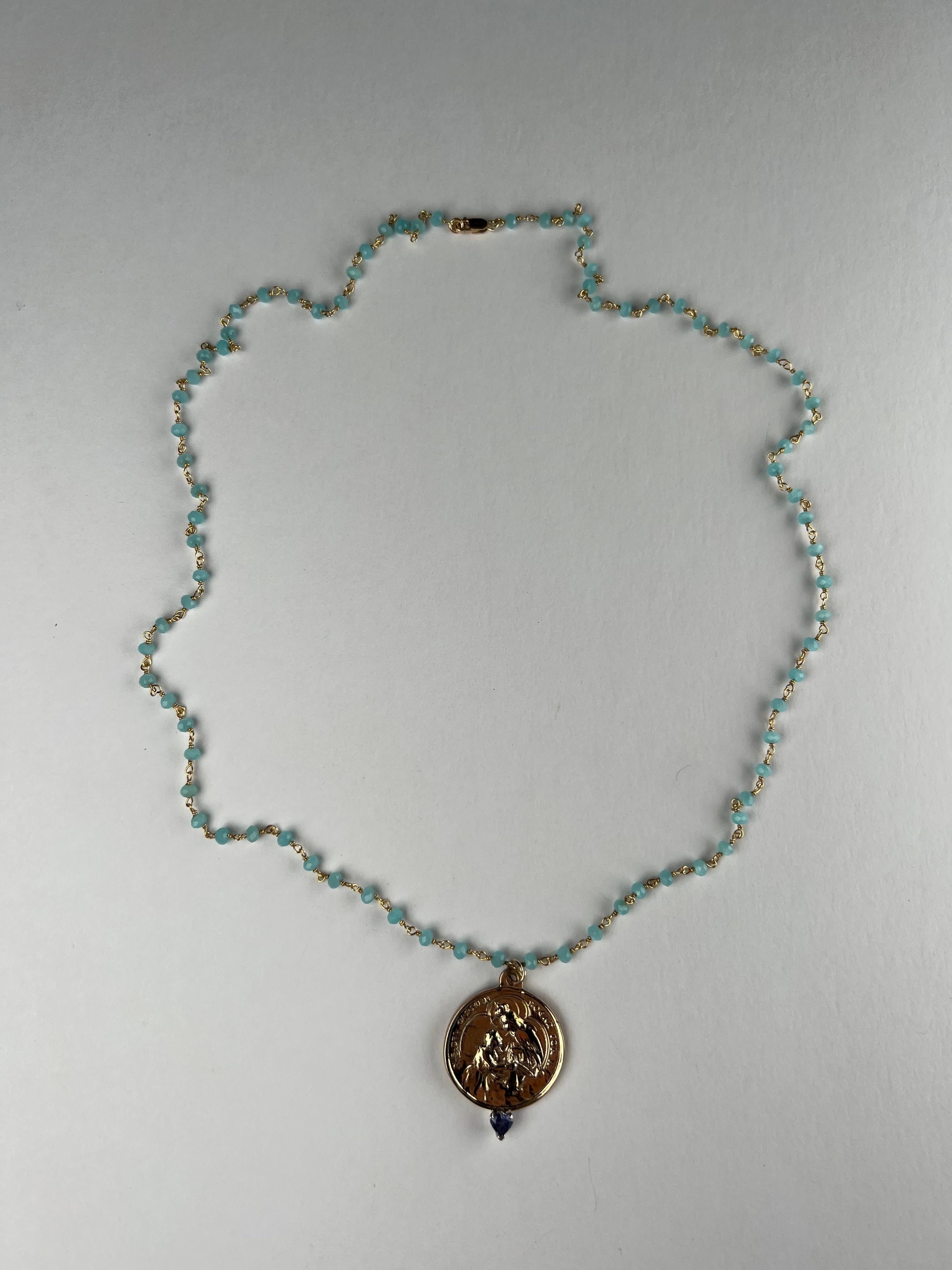 Tansanit-Herz-Medaille Halskette Jungfrau Maria Rosario Blau J Dauphin im Angebot 4