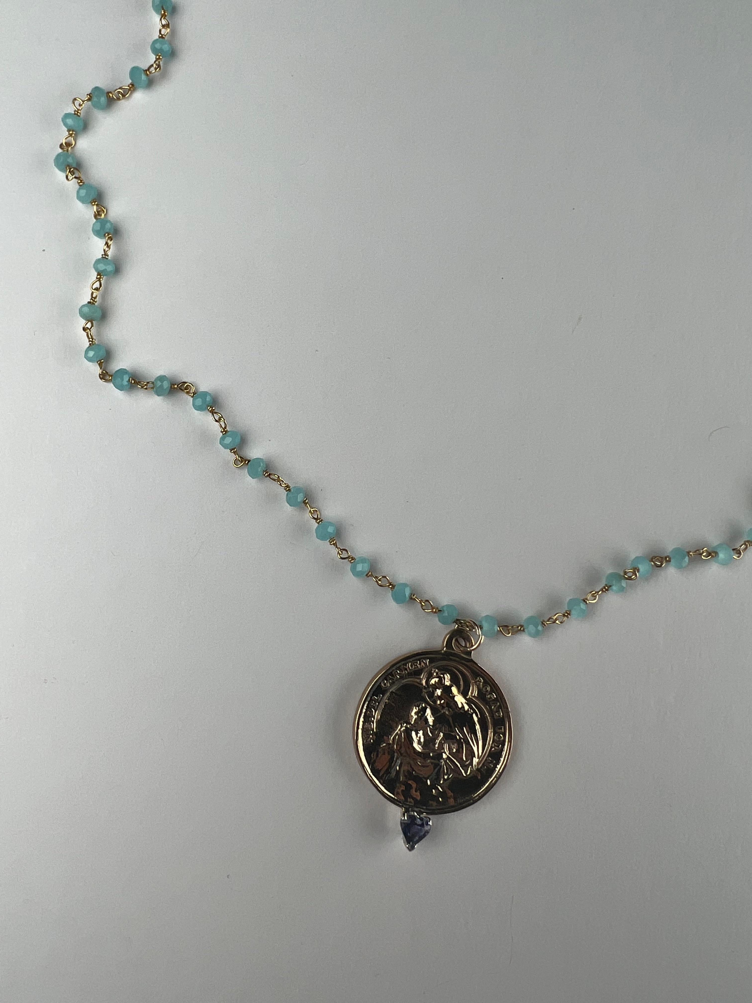 Contemporary Tanzanite Heart Medal Necklace Virgin Mary Rosario Blue J Dauphin For Sale