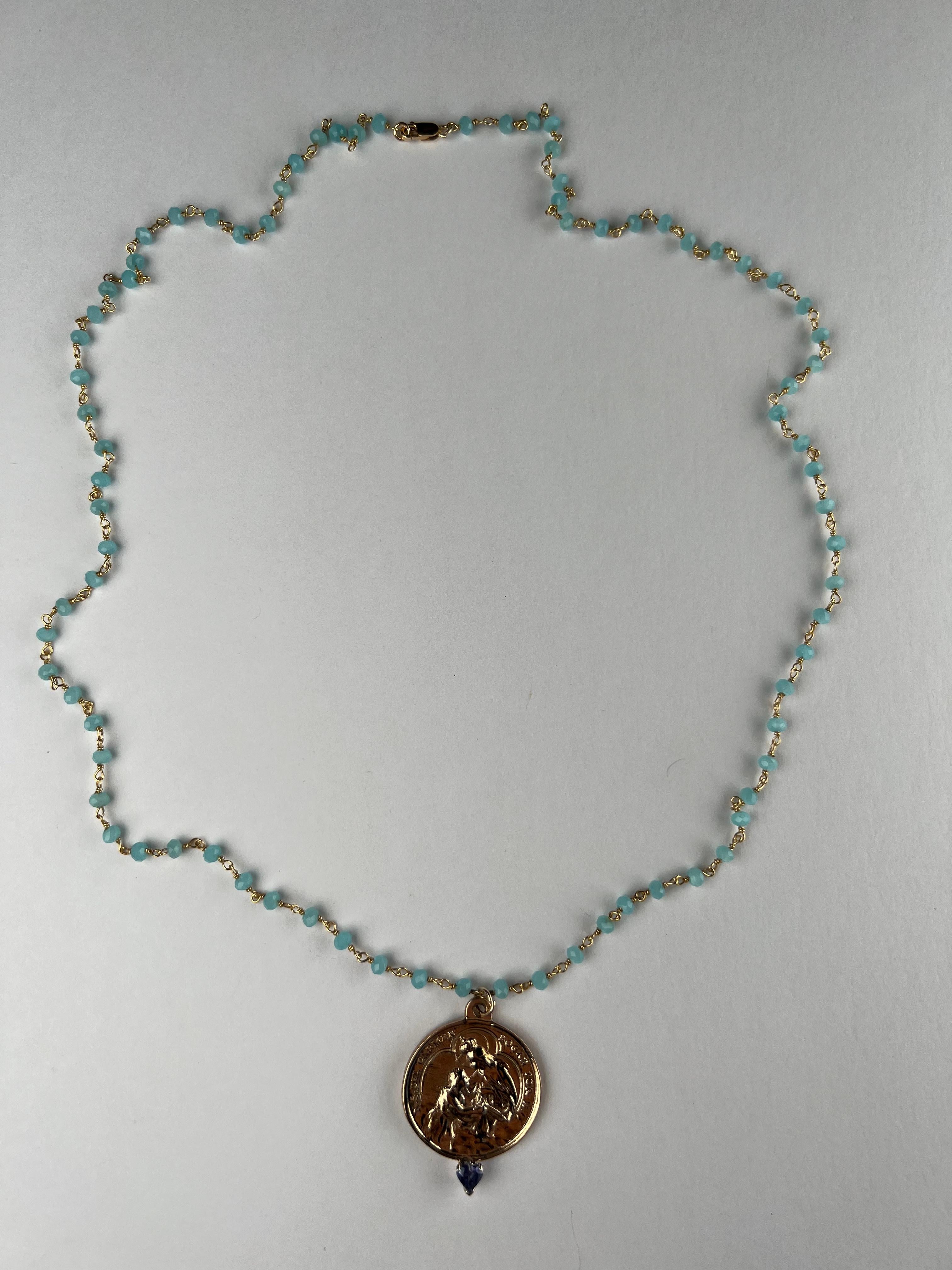 Tanzanite Heart Medal Necklace Virgin Mary Rosario Blue J Dauphin In New Condition For Sale In Los Angeles, CA