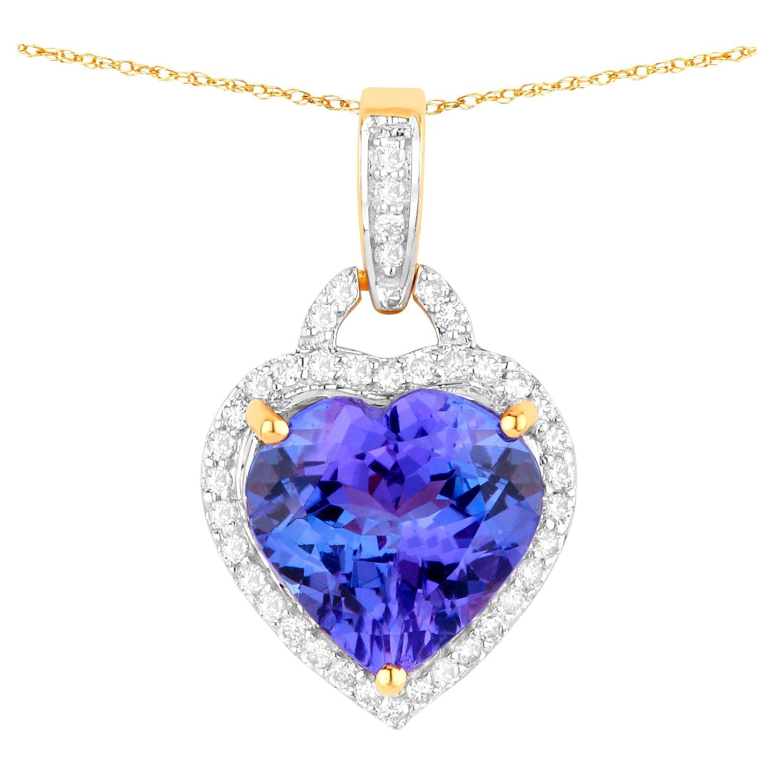 Tanzanite Heart Pendant Necklace Diamond Setting 2.28 Carats 14K Yellow Gold