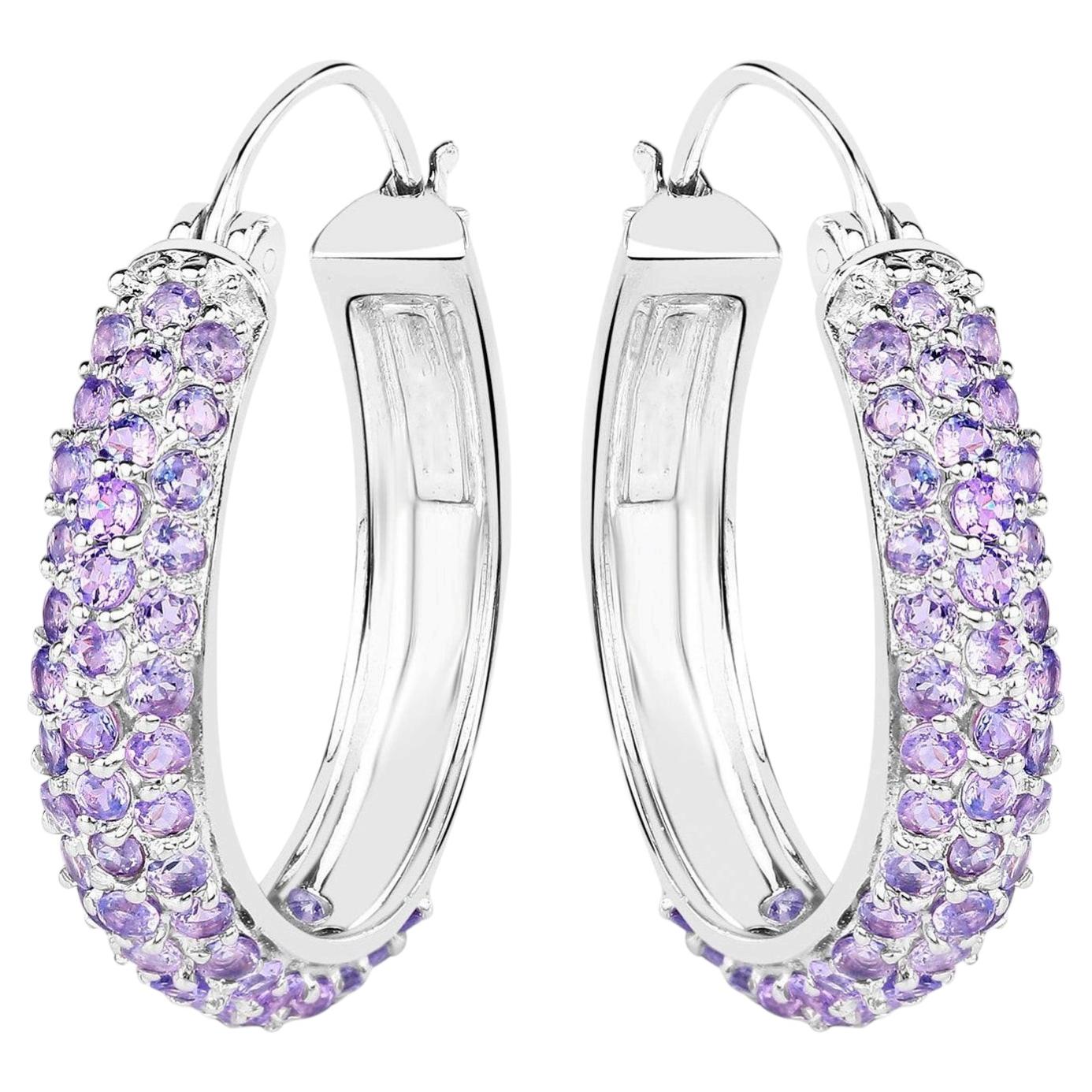 Tanzanite Hoop Earrings 3 Carats Rhodium Plated Silver