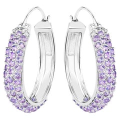 Tanzanite Hoop Earrings 3 Carats Rhodium Plated Silver