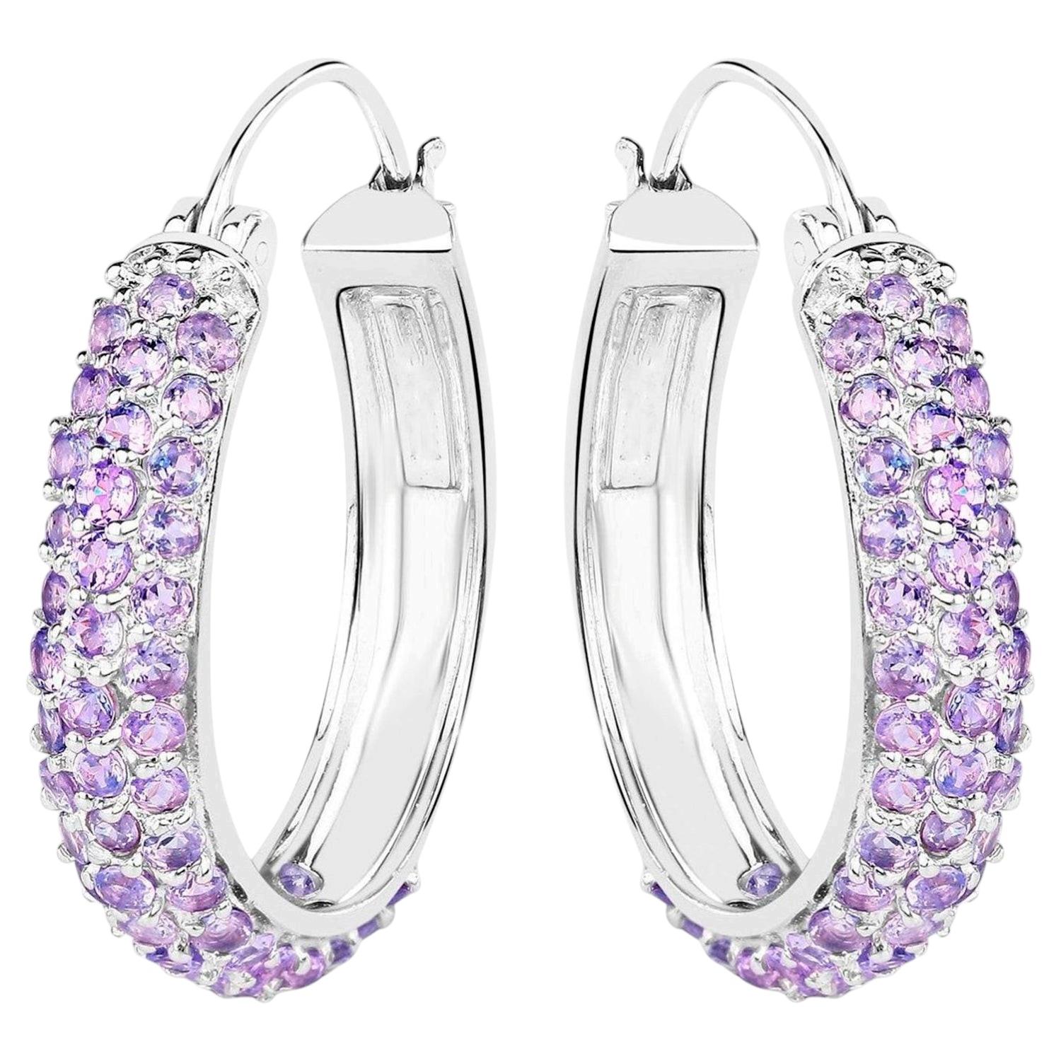 Tanzanite Hoop Earrings 3 Carats Rhodium Plated Silver