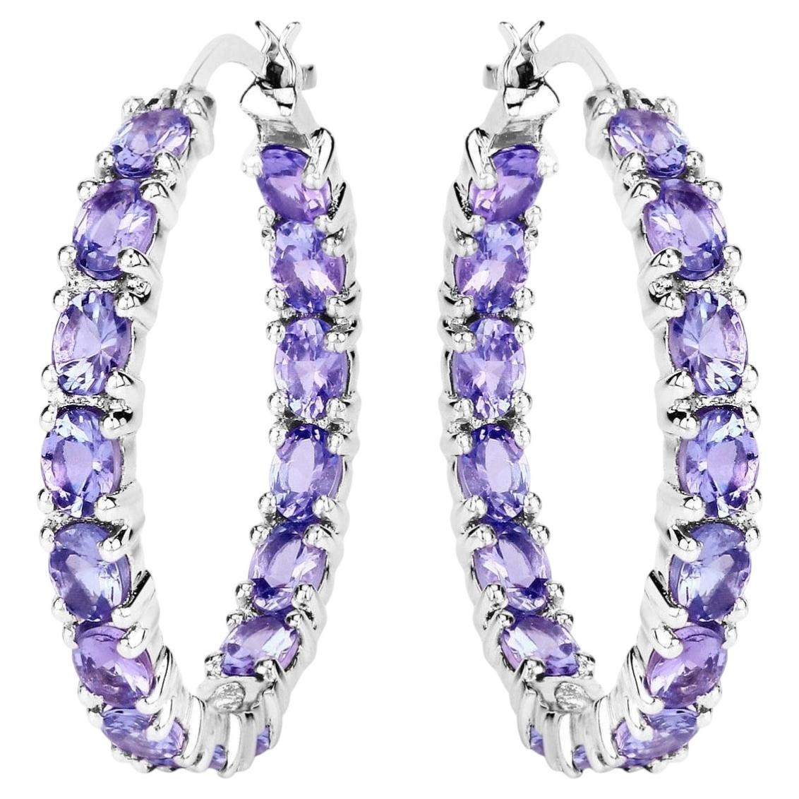 Tanzanite Hoop Earrings 5.08 Carats Sterling Silver