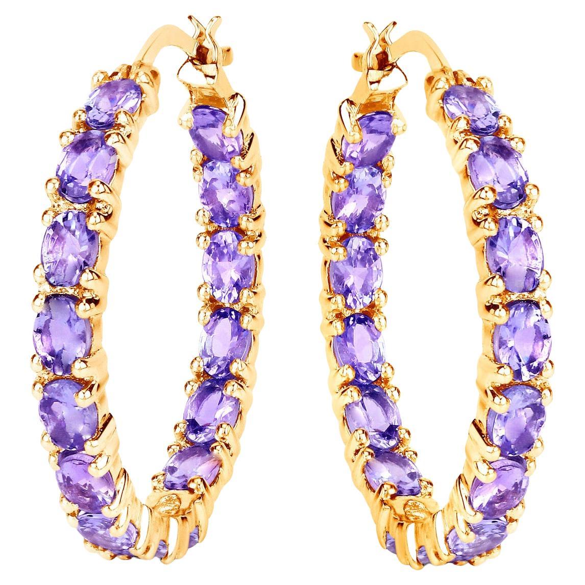 Tanzanite Hoop Earrings 5.15 Carats 14K Yellow Gold Plated For Sale
