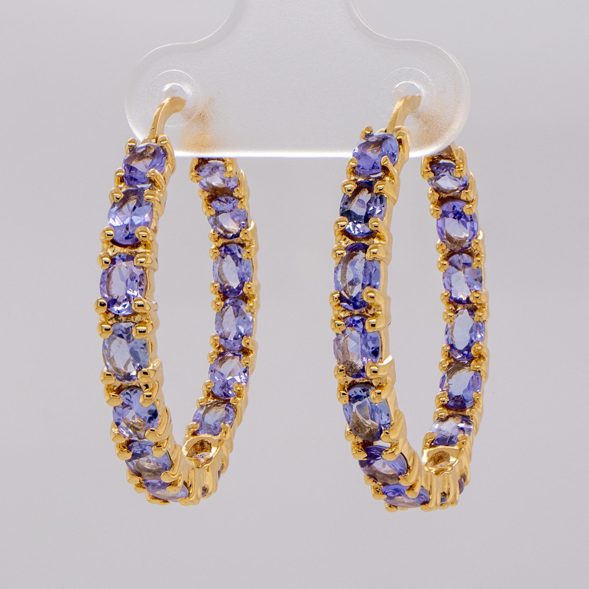 Contemporain Tanzanite Hoop Earrings 5.15 Carats 14K Yellow Gold Plated Silver en vente