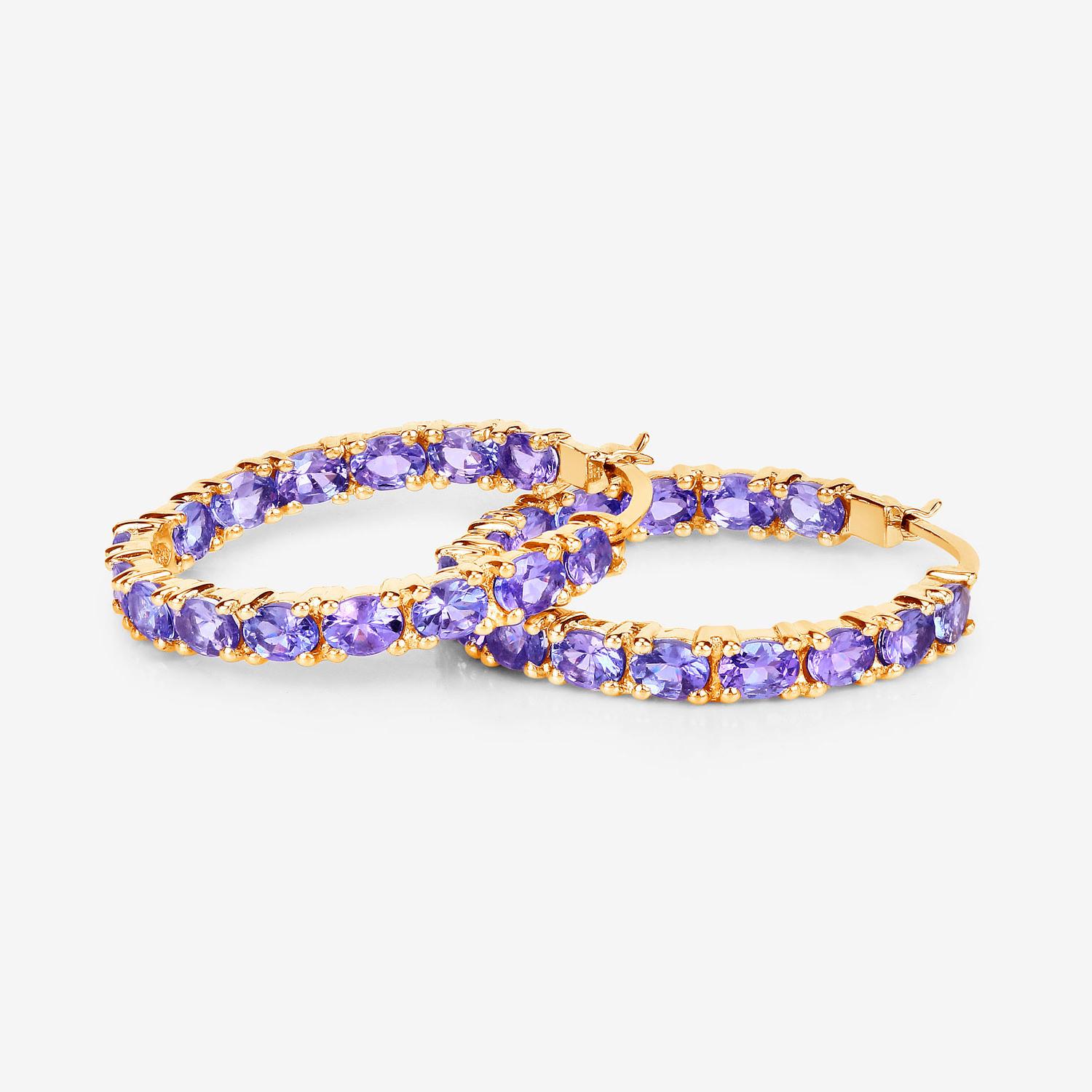 Women's or Men's Tanzanite Hoop Earrings 5.15 Carats 14K Yellow Gold Plated Silver For Sale