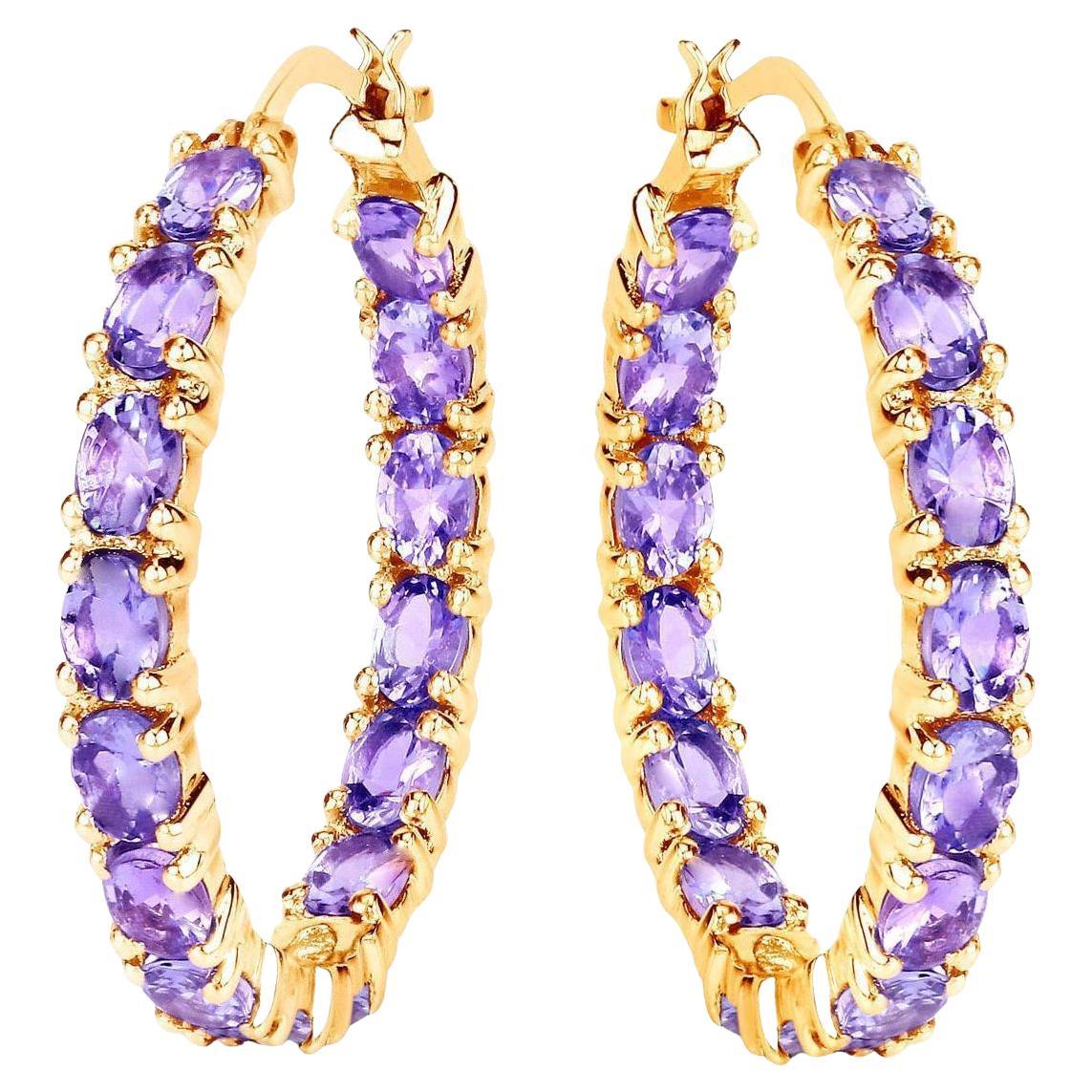 Orecchini a cerchio con tanzanite 5,15 carati, argento placcato oro giallo 14K in vendita