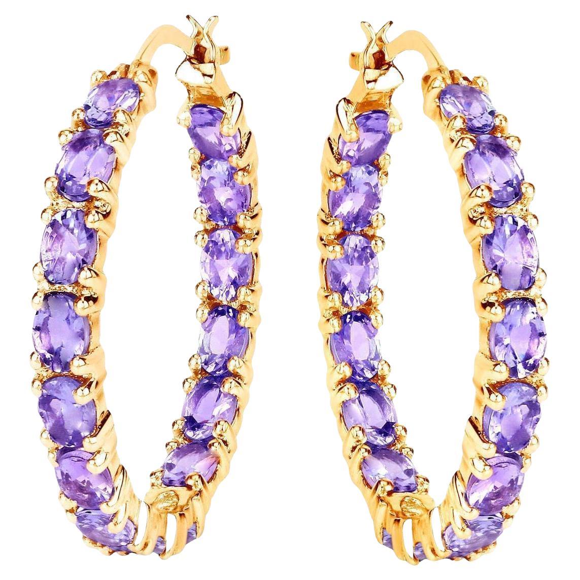 Orecchini a cerchio con tanzanite 5,15 carati, argento placcato oro giallo 14K in vendita