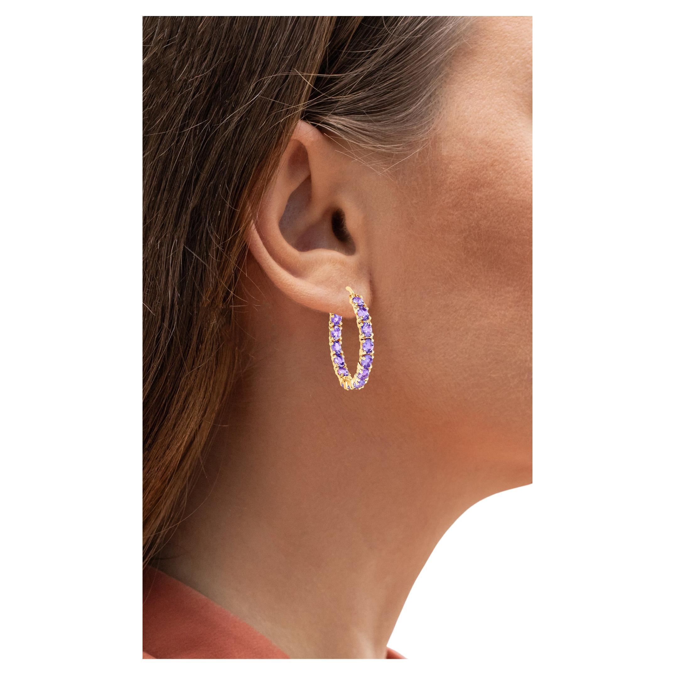 Tanzanite Hoop Earrings 5.15 Carats 14K Yellow Gold Plated Silver