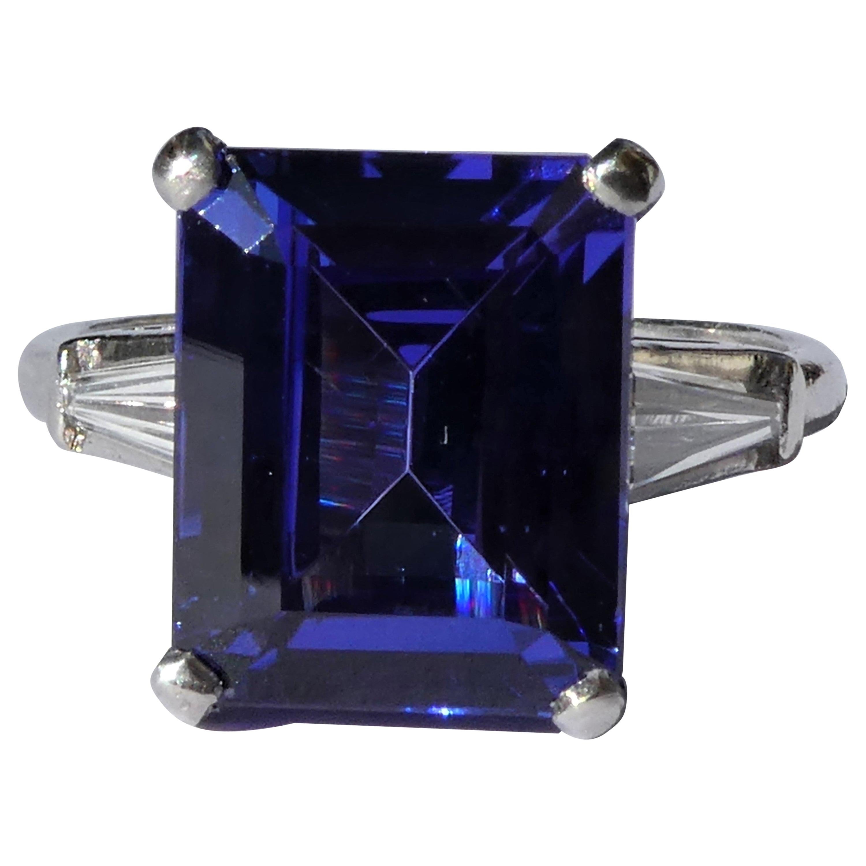 Tanzanite in Platinum Diamond Handmade Art Deco Engagement Ring For Sale