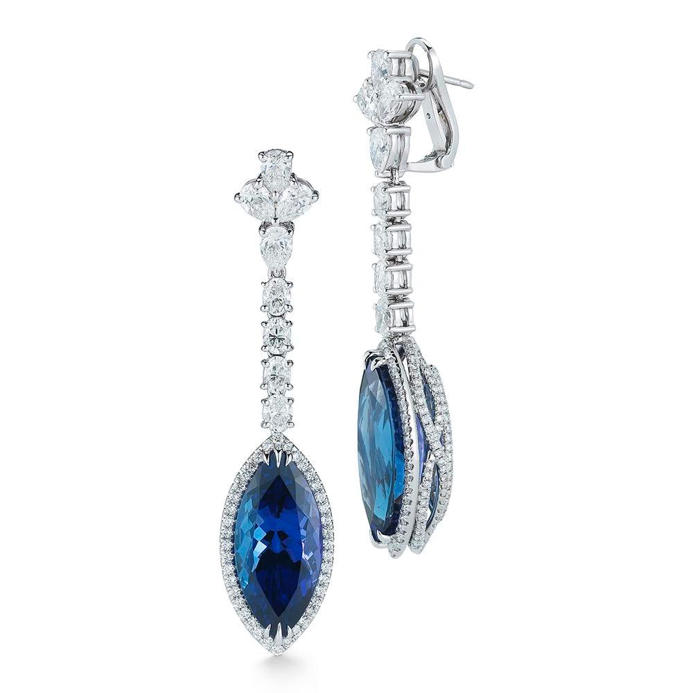 MARQUIS TANZANITE EARRING
A graceful drop earring with perfectly matched marquis cut Tanzanites.

Item:	# 01946
Setting:	18K W
Lab:	GIA
Color Weight:	23.24 ct. of Tanzanite
Diamond Weight:	5.04 ct. of Diamonds