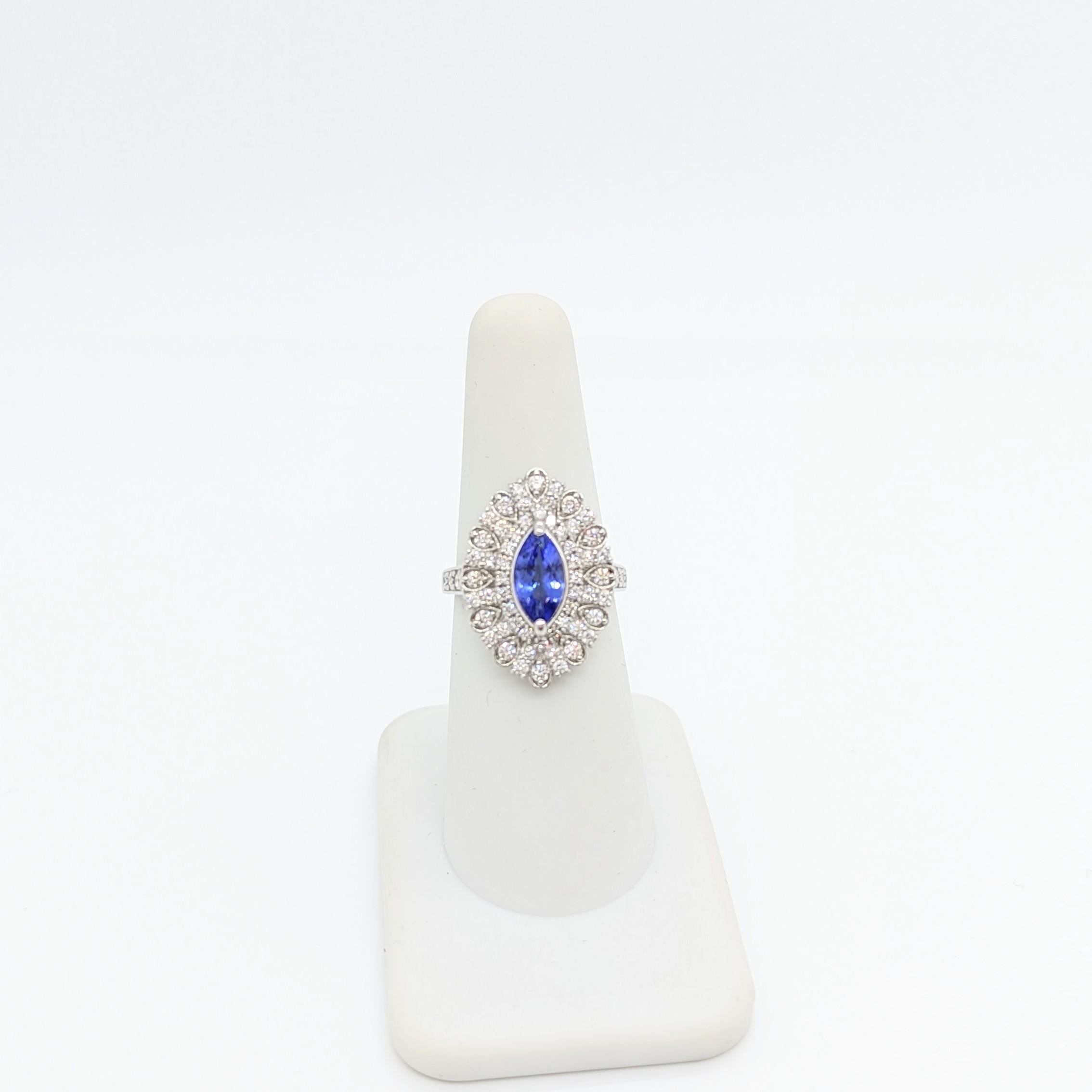 Tanzanite Marquise and White Diamond Round Cocktail Ring in Platinum In New Condition For Sale In Los Angeles, CA