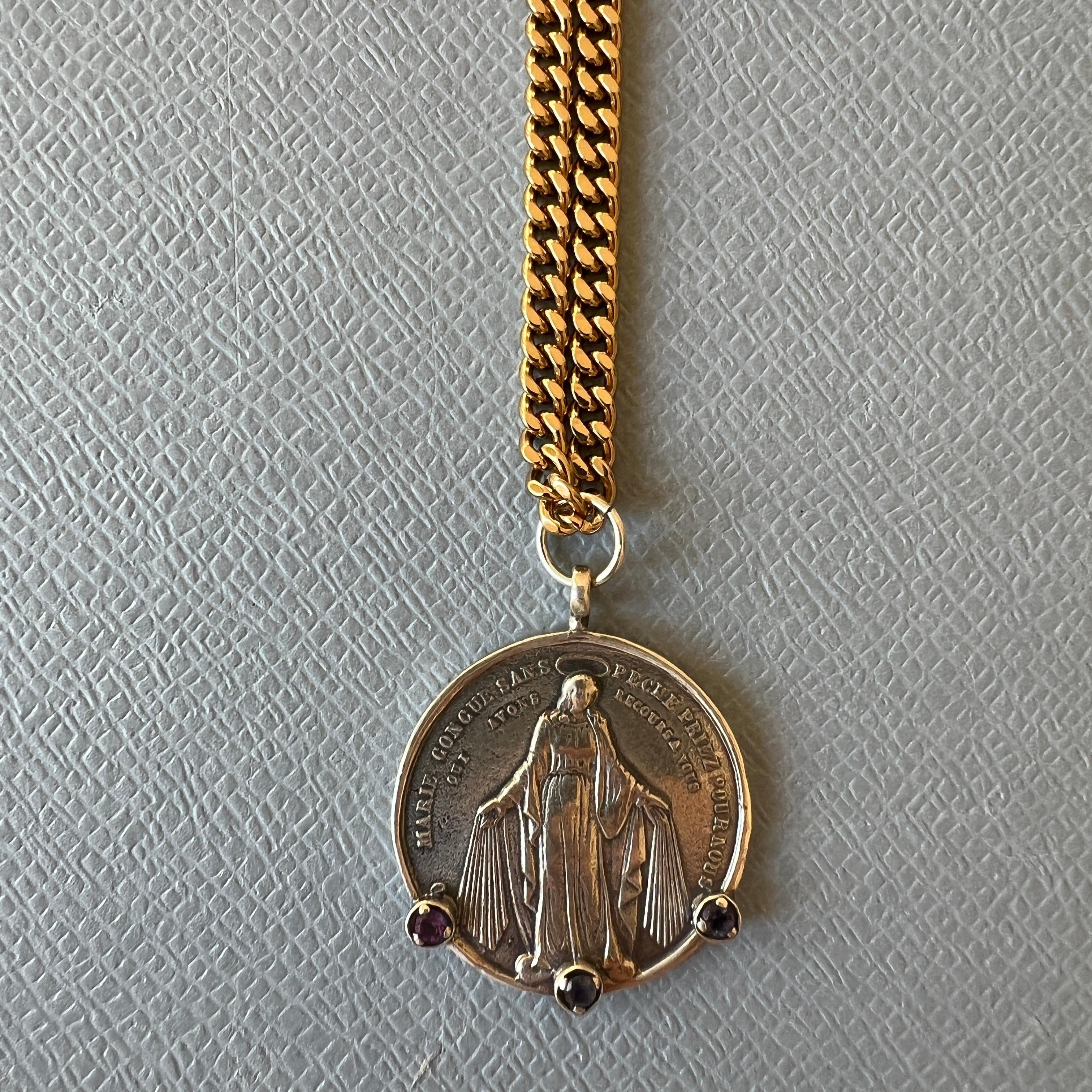 Contemporary Tanzanite Medal Chain Necklace Virgin Mary Silver Gold Chain For Sale