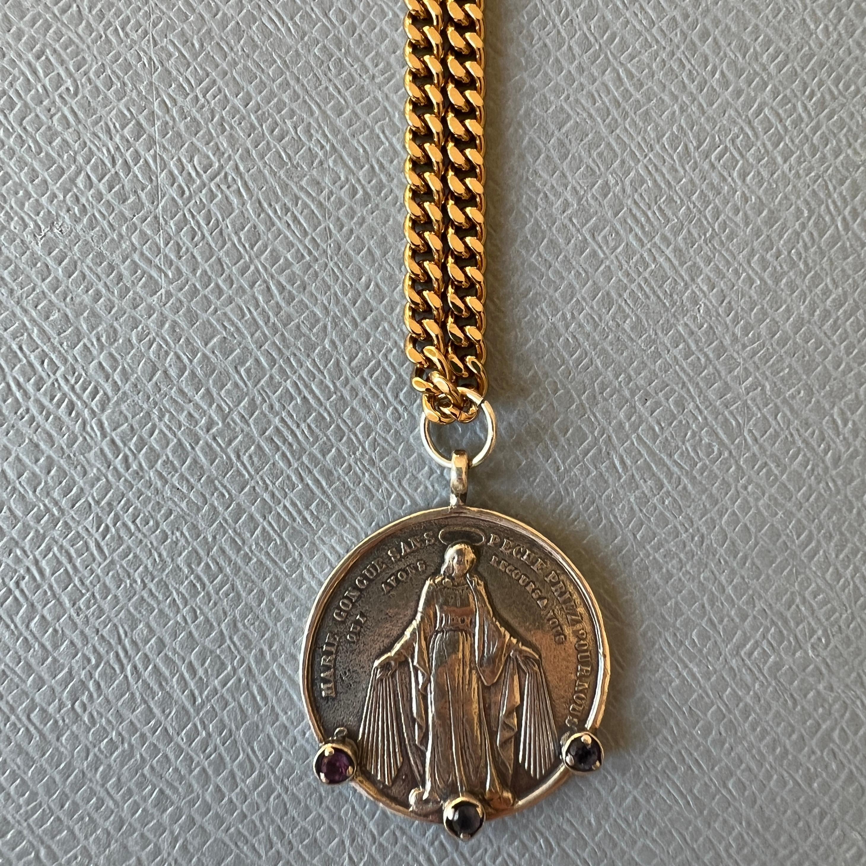 Brilliant Cut Tanzanite Medal Chain Necklace Virgin Mary Silver Gold Chain For Sale